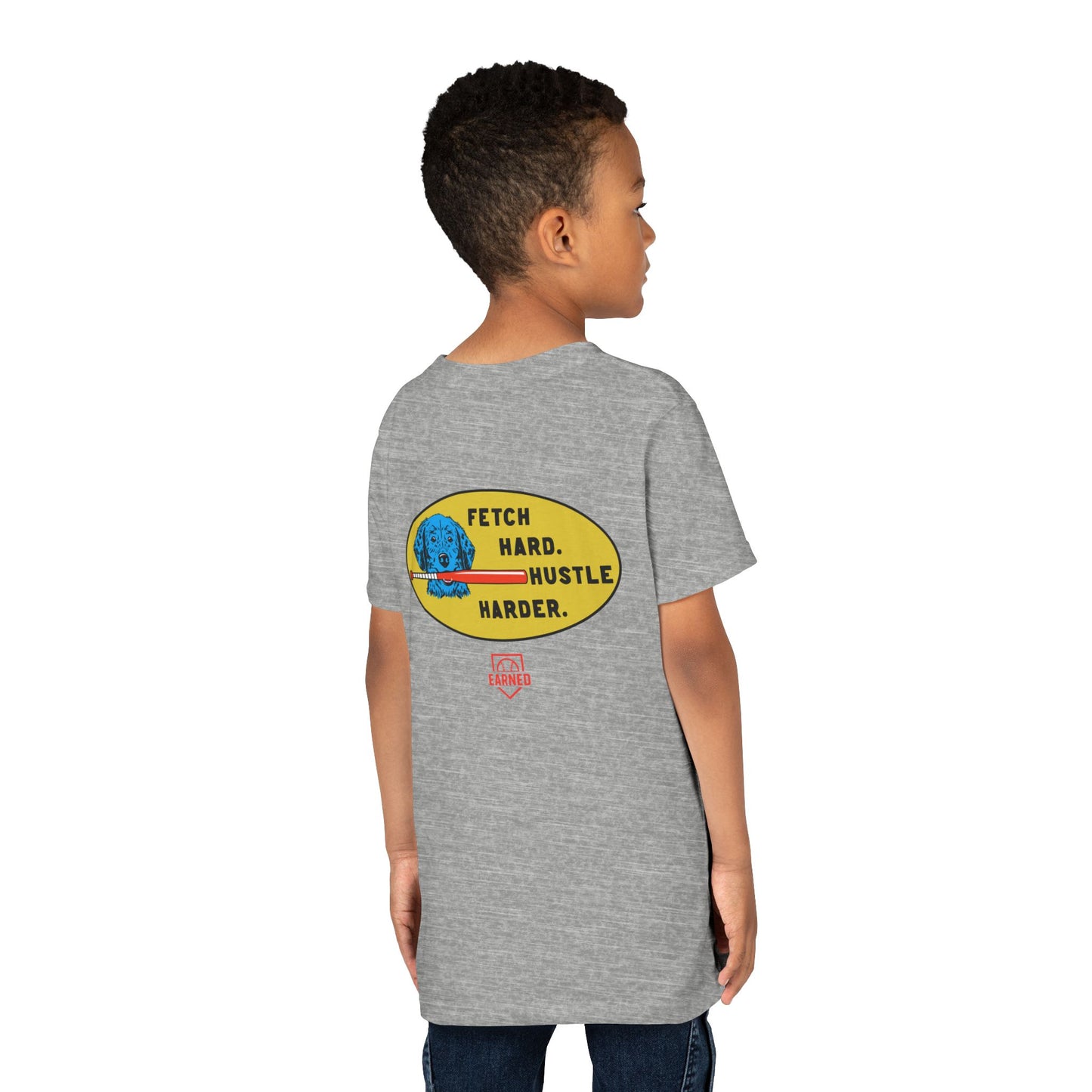 FETCH HARD. HUSTLE HARDER. Youth Tee (Red Bat) - BARK PARK Collection