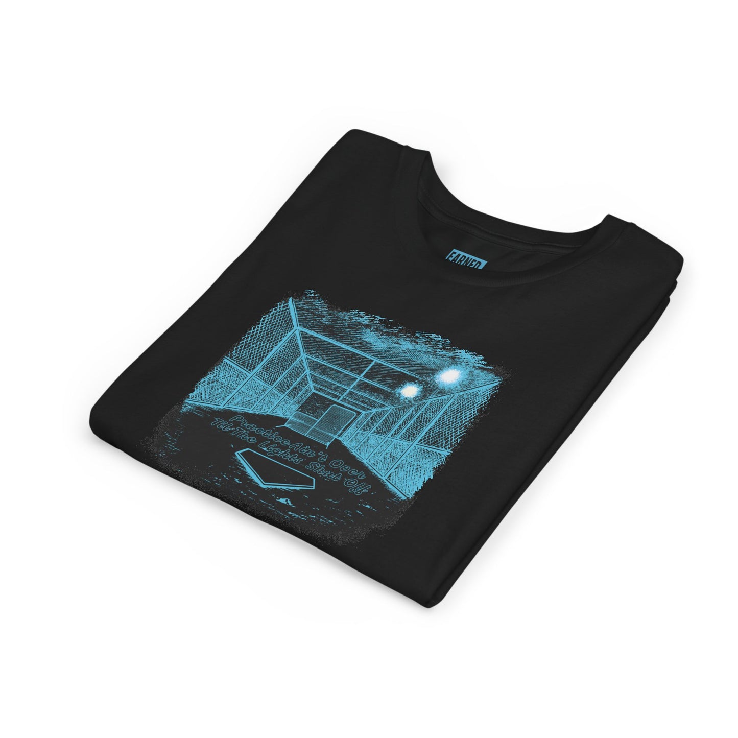 PRACTICE AIN'T OVER TILL THE LIGHTS SHUT OFF Youth Tee (Blue Font)