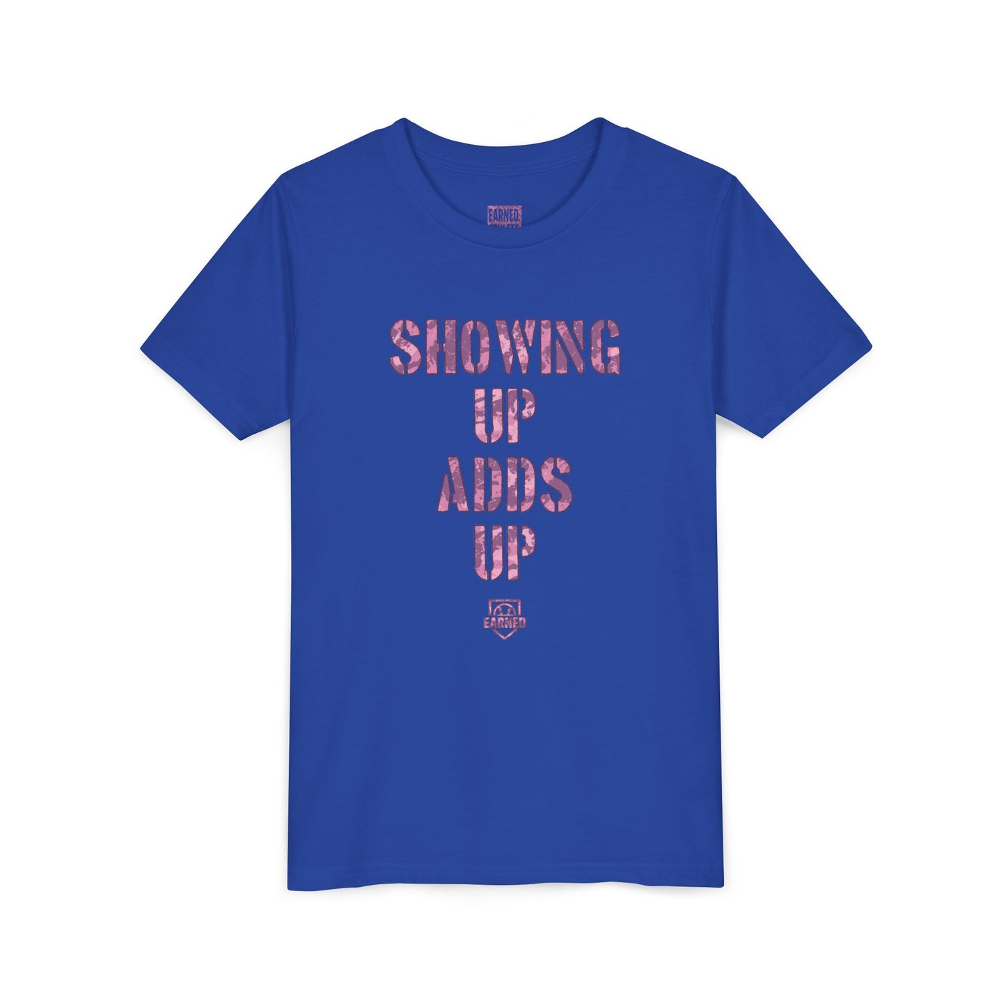 SHOWING UP ADDS UP Youth Tee (Pink Camo Font)