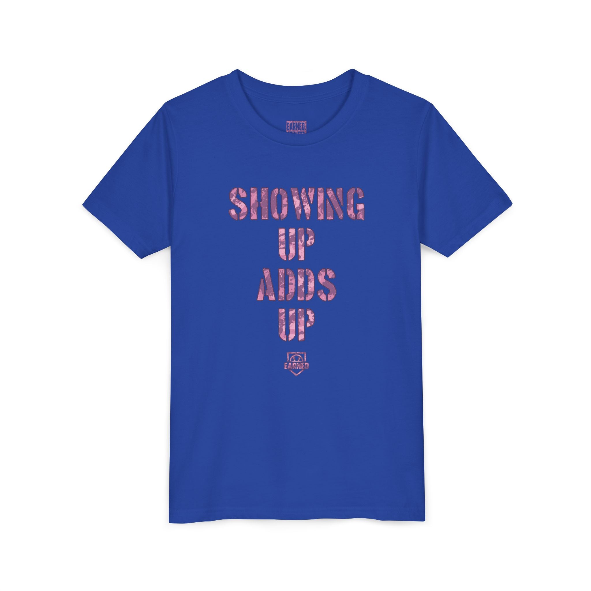 SHOWING UP ADDS UP Youth Tee (Pink Camo Font)