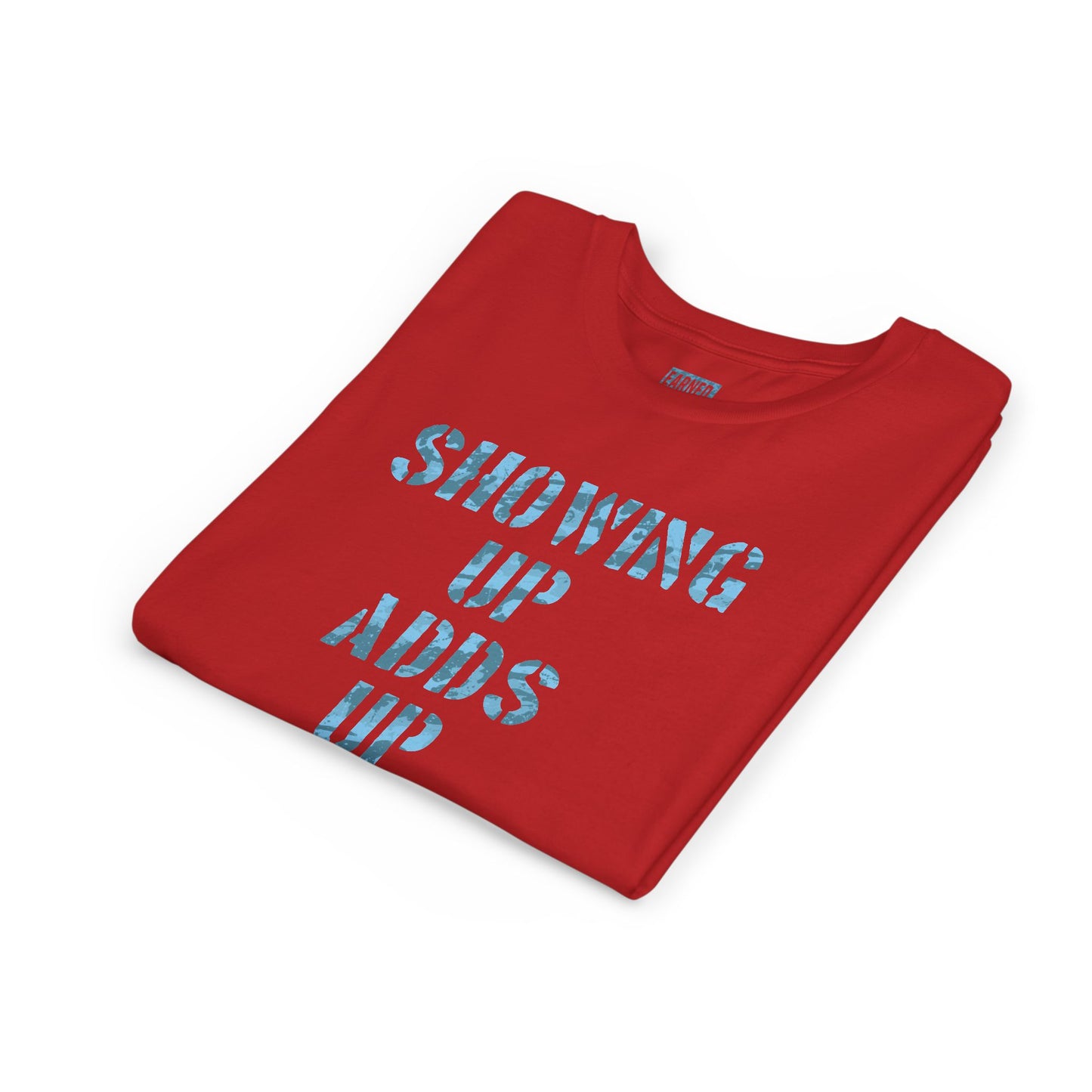 SHOWING UP ADDS UP Youth Tee (Blue Camo Font)