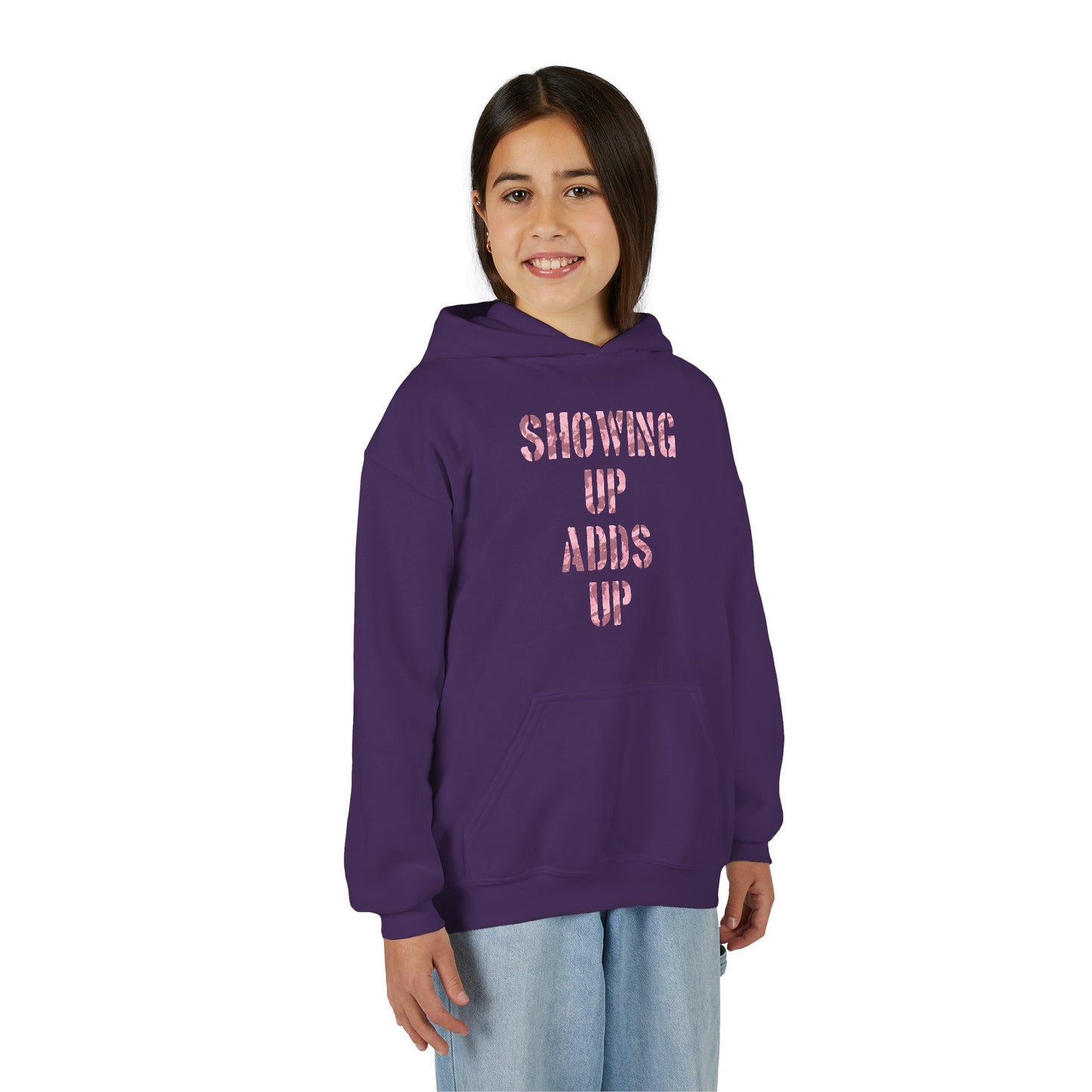SHOWING UP ADDS UP Youth Hoodie (Pink Camo Logo)