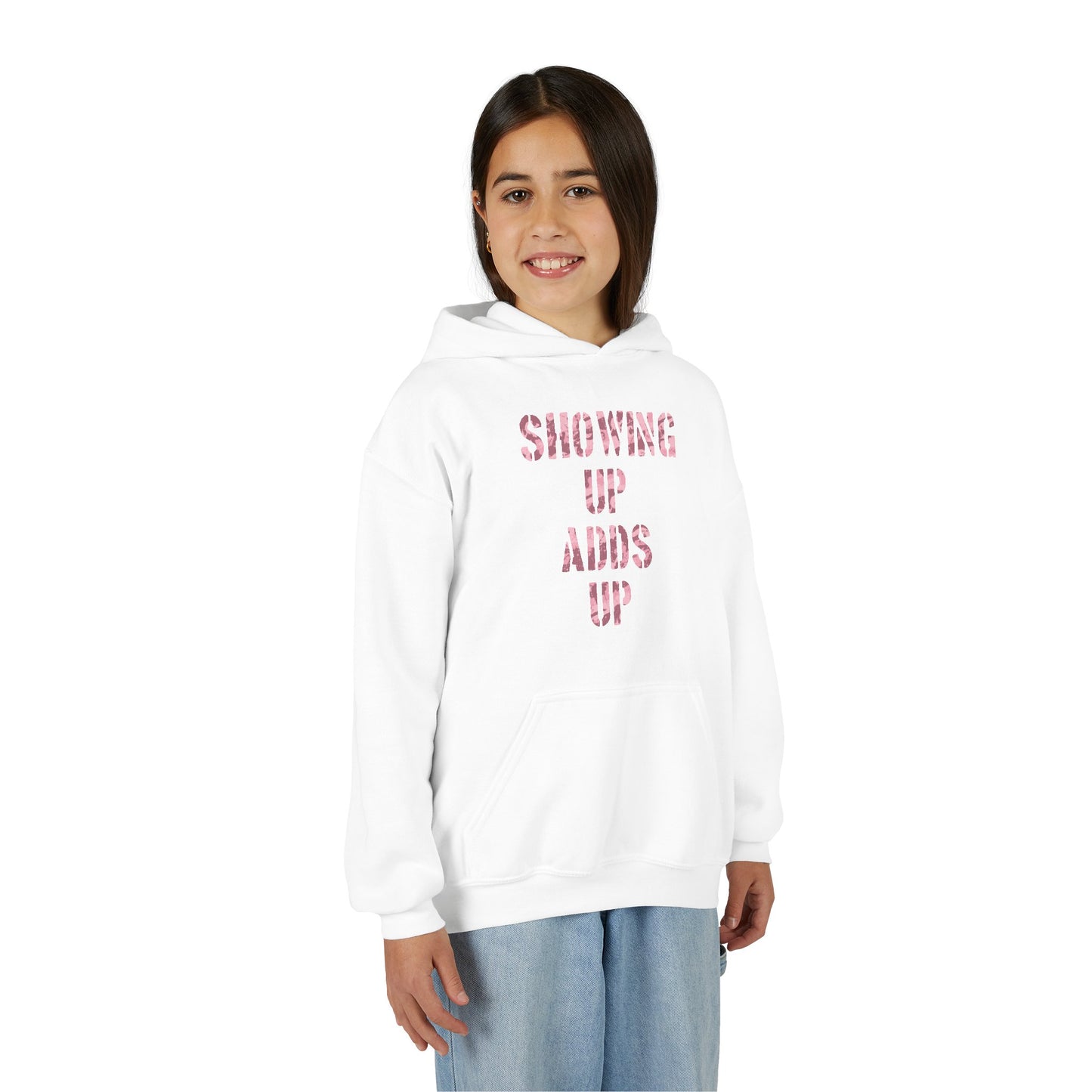 SHOWING UP ADDS UP Youth Hoodie (Pink Camo Logo)