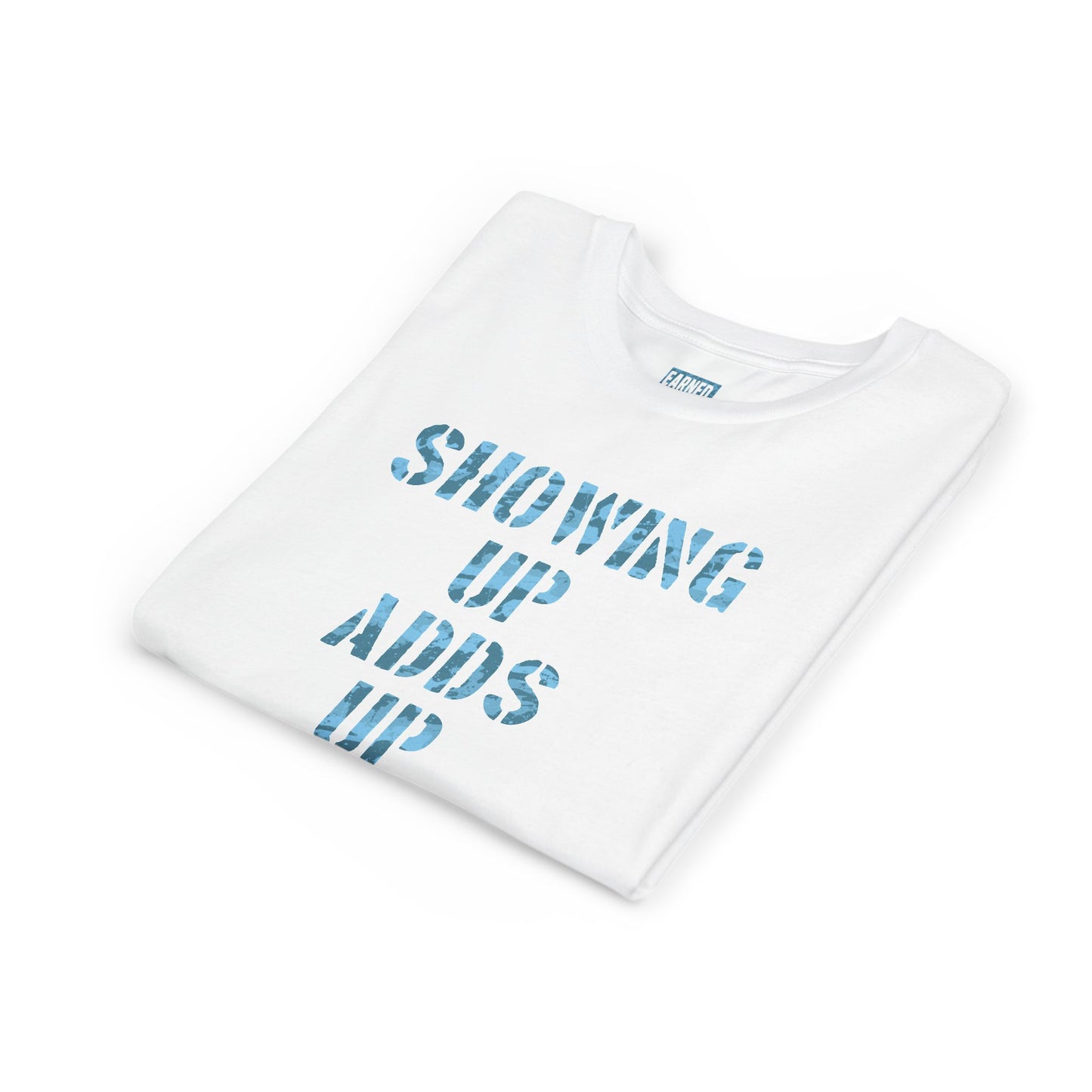 SHOWING UP ADDS UP Youth Tee (Blue Camo Font)