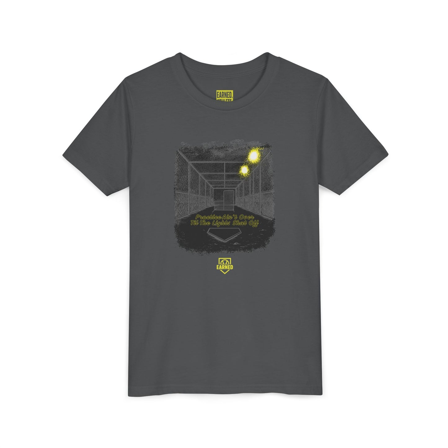 PRACTICE AIN'T OVER TILL THE LIGHTS SHUT OFF Youth Tee (Dark)