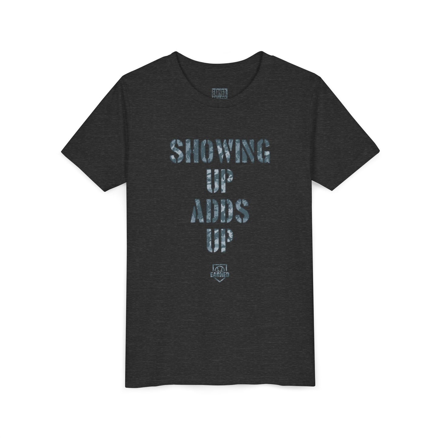 SHOWING UP ADDS UP Youth Tee (Grey Camo Font)