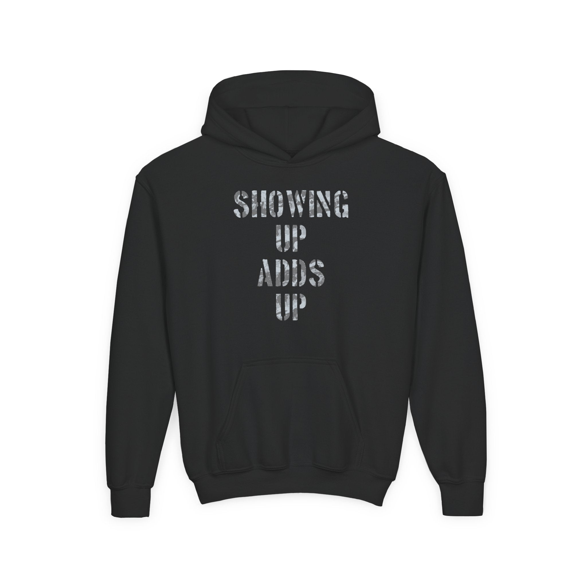 SHOWING UP ADDS UP Youth Hoodie (Grey Camo Logo)