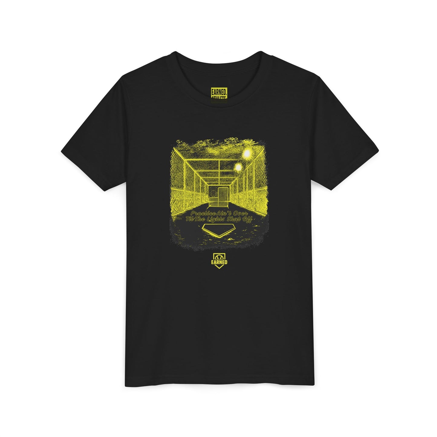 PRACTICE AIN'T OVER TILL THE LIGHTS SHUT OFF Youth Tee (Yellow Font)