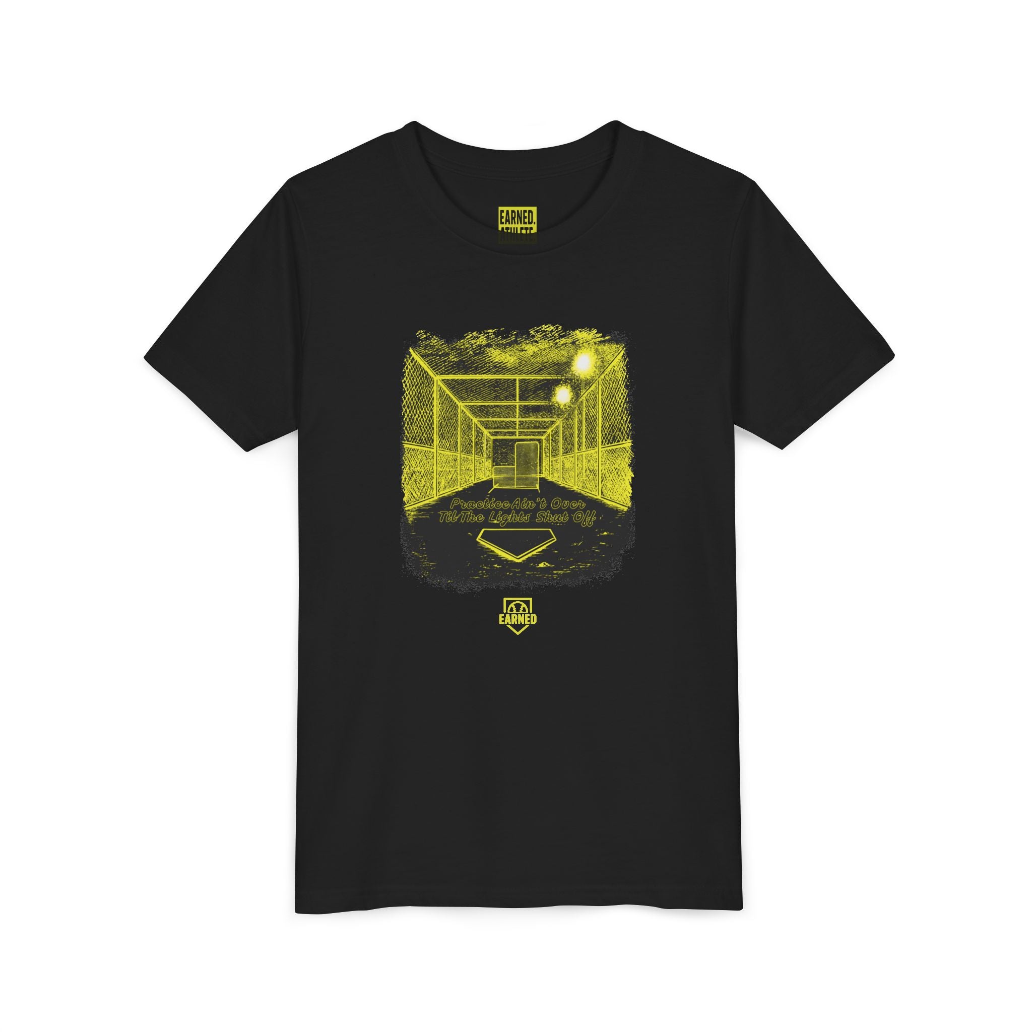 PRACTICE AIN'T OVER TILL THE LIGHTS SHUT OFF Youth Tee (Yellow Font)