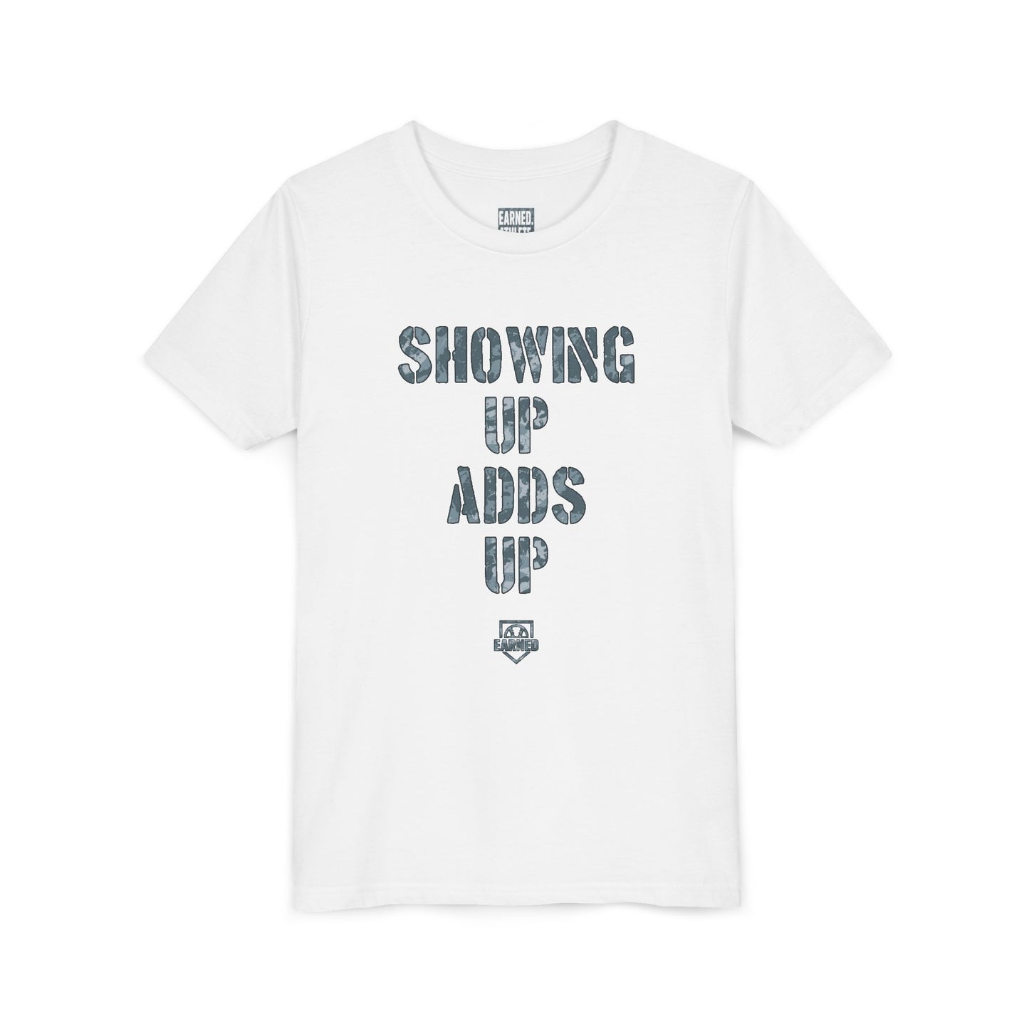 SHOWING UP ADDS UP Youth Tee (Grey Camo Font)