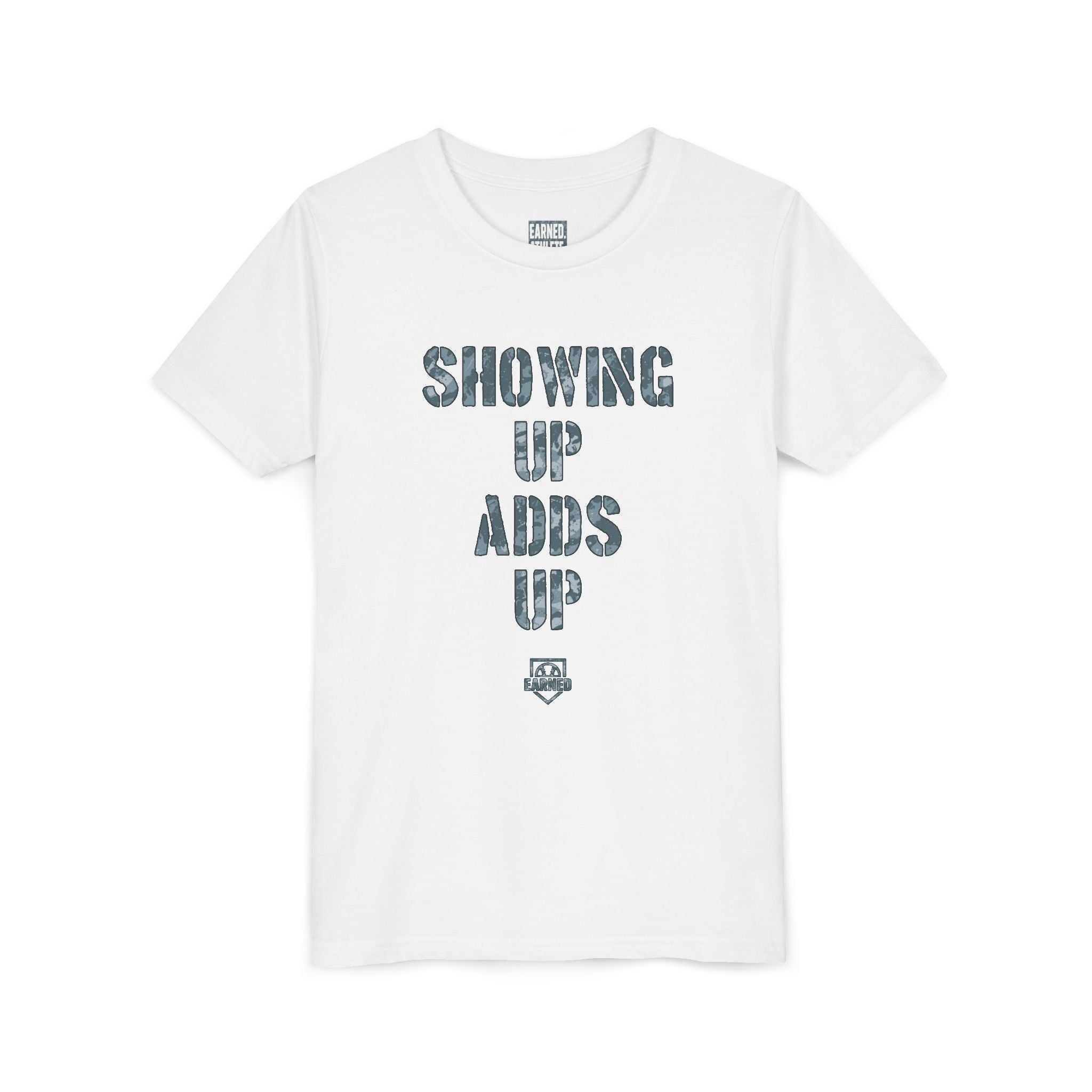 SHOWING UP ADDS UP Youth Tee (Grey Camo Font)