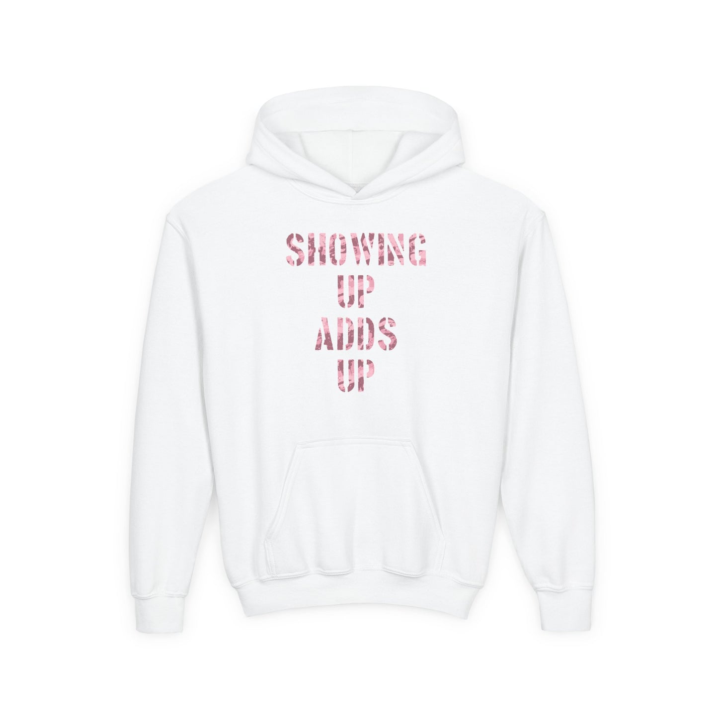 SHOWING UP ADDS UP Youth Hoodie (Pink Camo Logo)