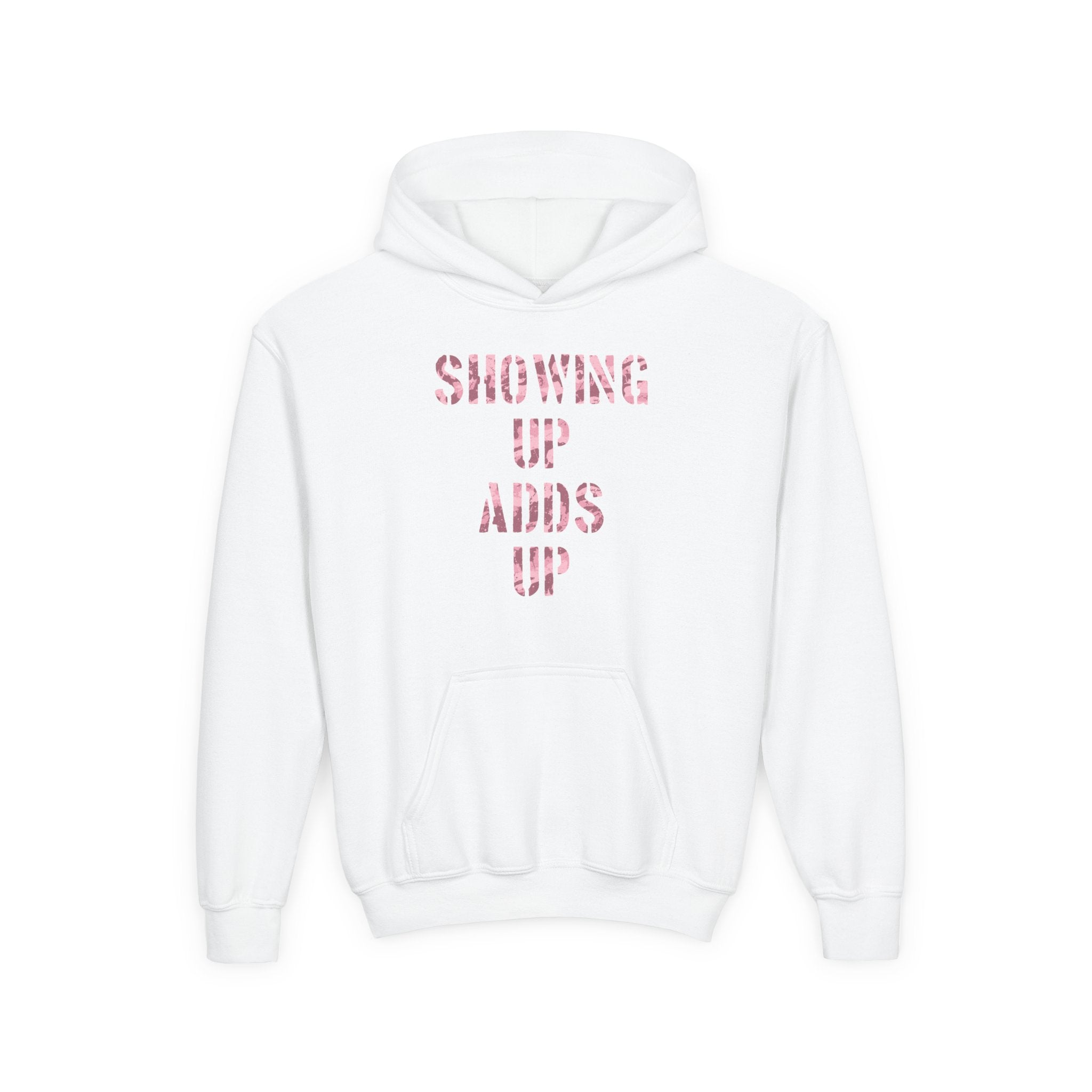 SHOWING UP ADDS UP Youth Hoodie (Pink Camo Logo)