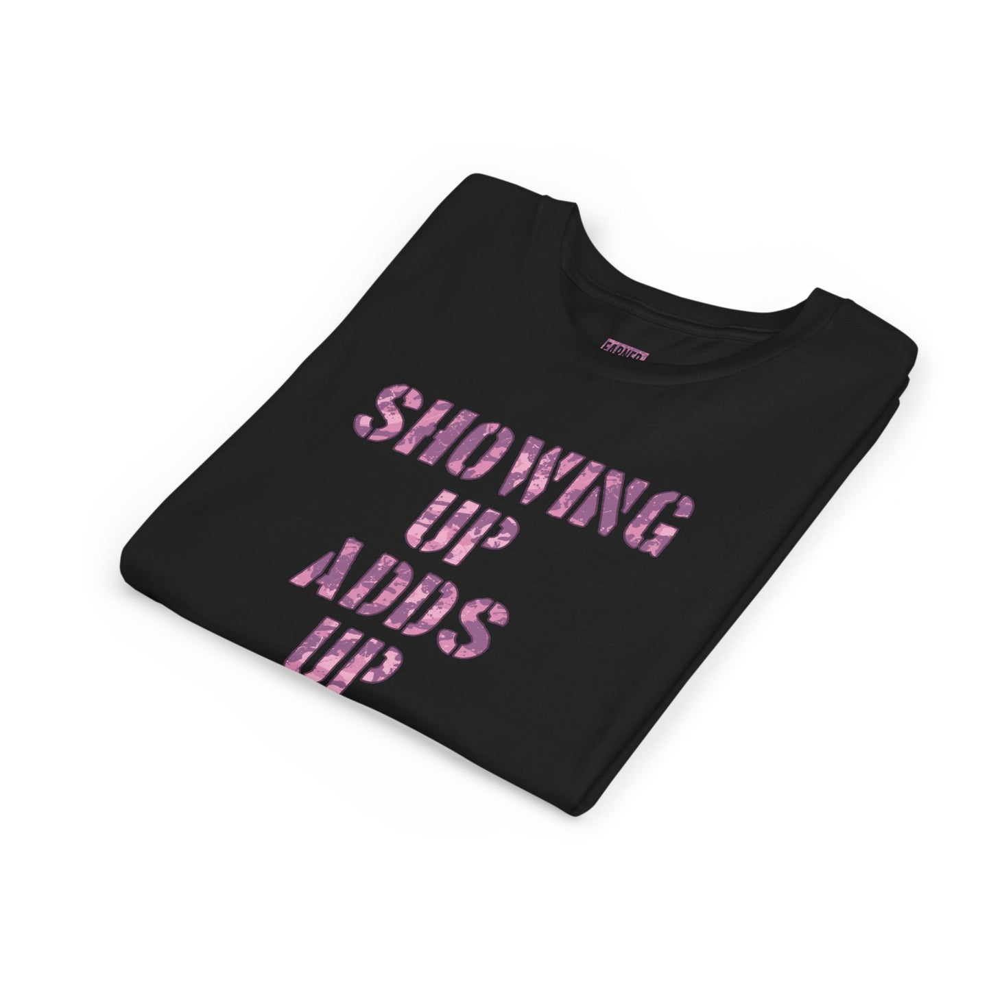 SHOWING UP ADDS UP Youth Tee (Pink Camo Font)