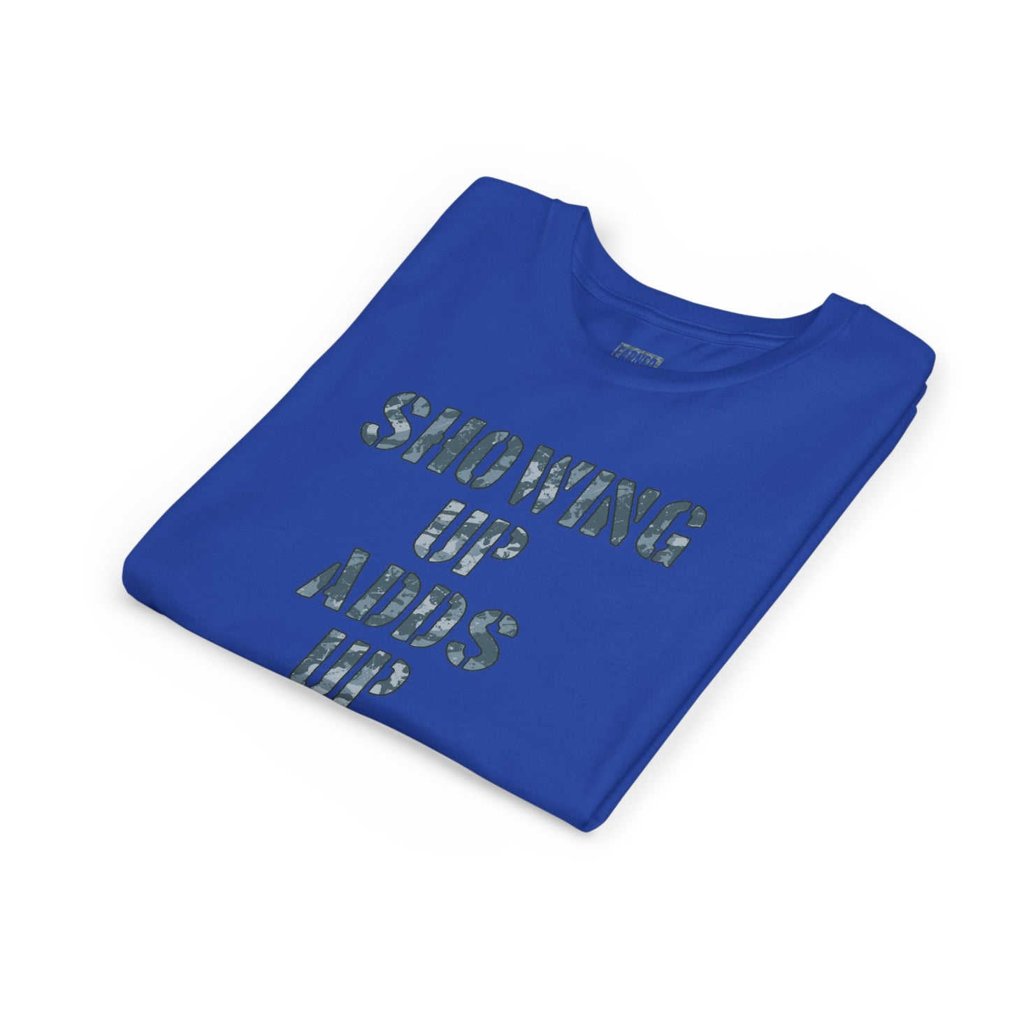 SHOWING UP ADDS UP Youth Tee (Grey Camo Font)
