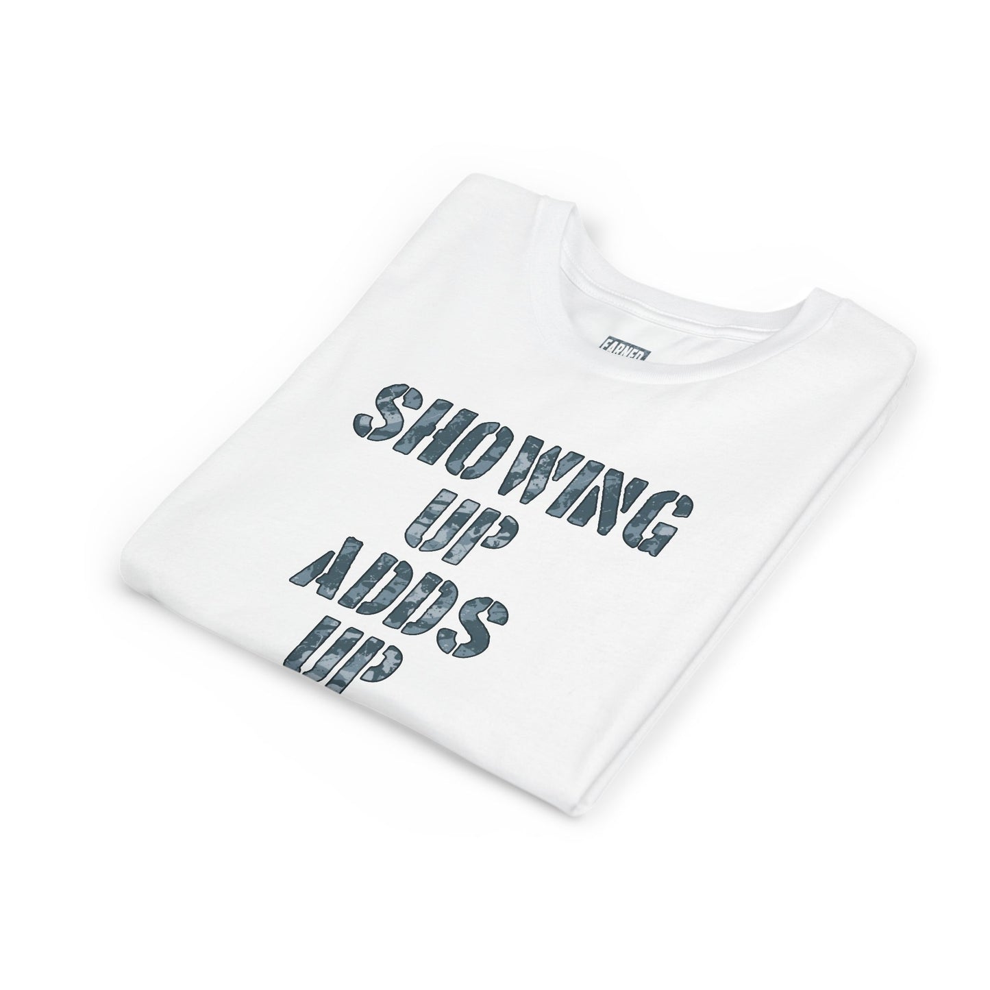 SHOWING UP ADDS UP Youth Tee (Grey Camo Font)