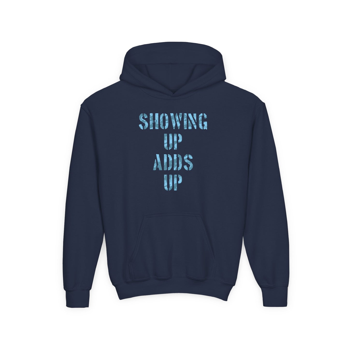 SHOWING UP ADDS UP Youth Hoodie (Blue Camo Logo)