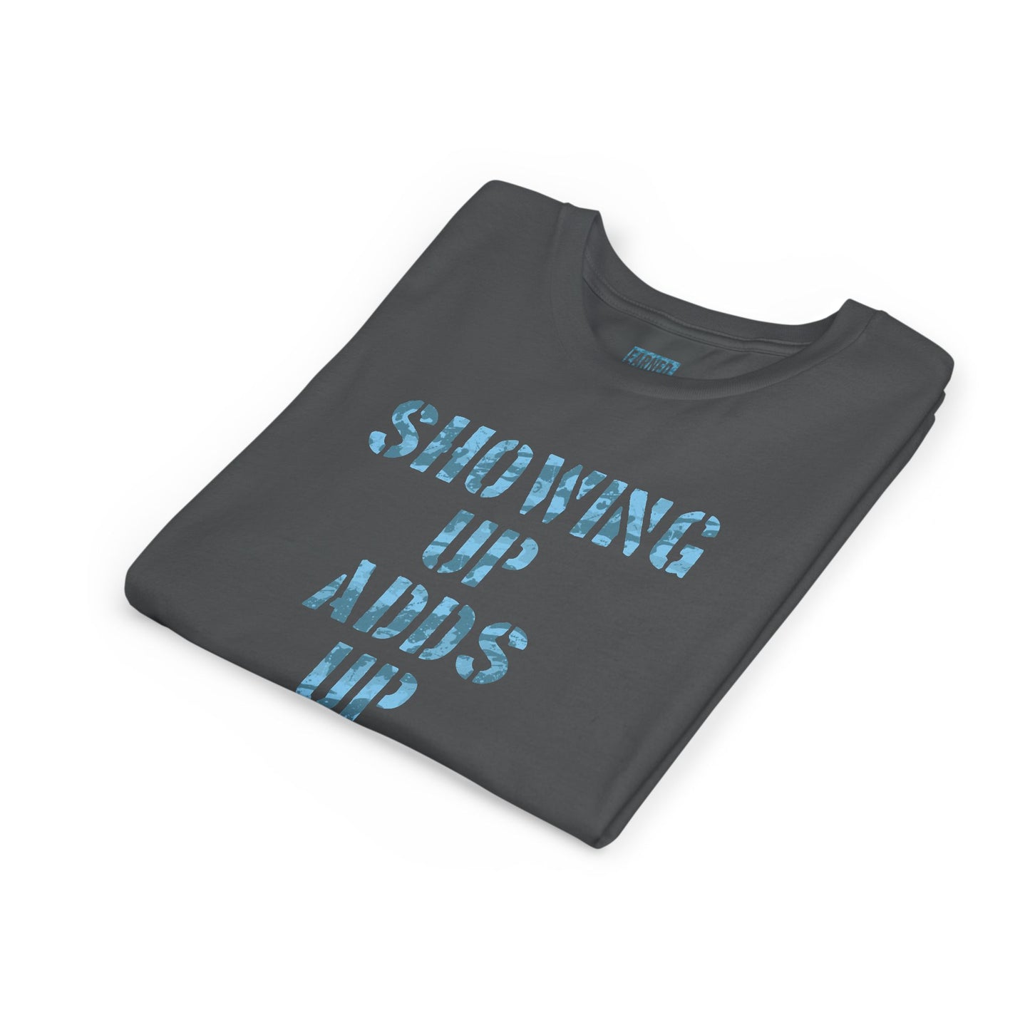 SHOWING UP ADDS UP Youth Tee (Blue Camo Font)