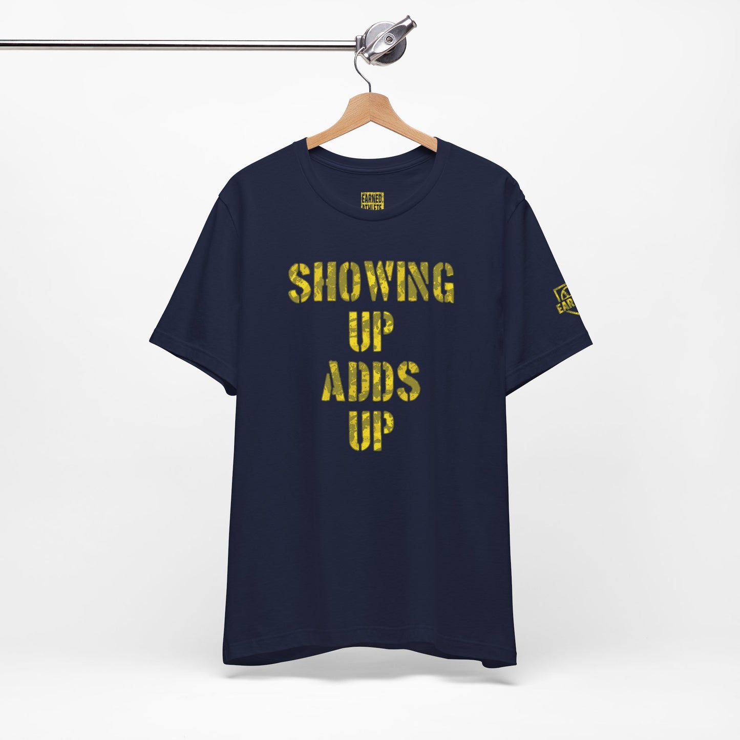 SHOWING UP ADDS UP Tee (Yellow Camo Font)