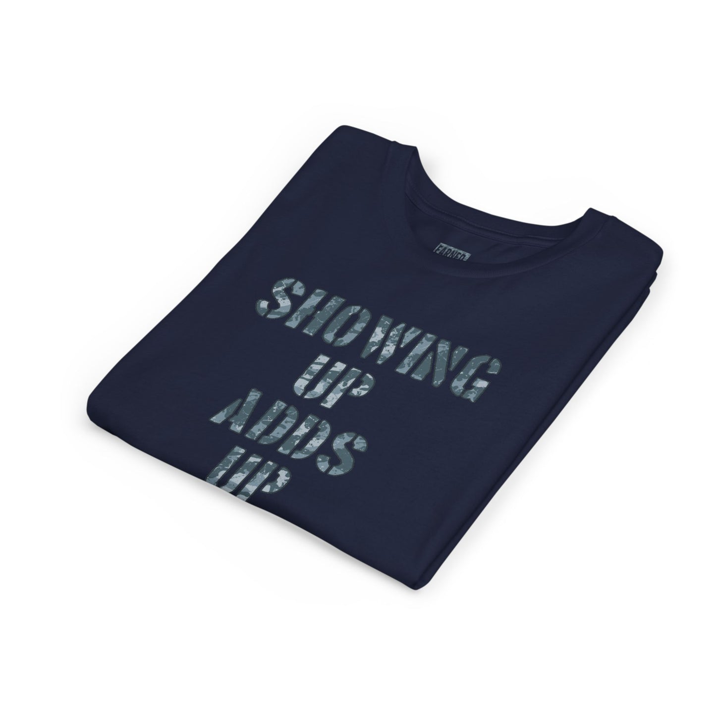 SHOWING UP ADDS UP Youth Tee (Grey Camo Font)