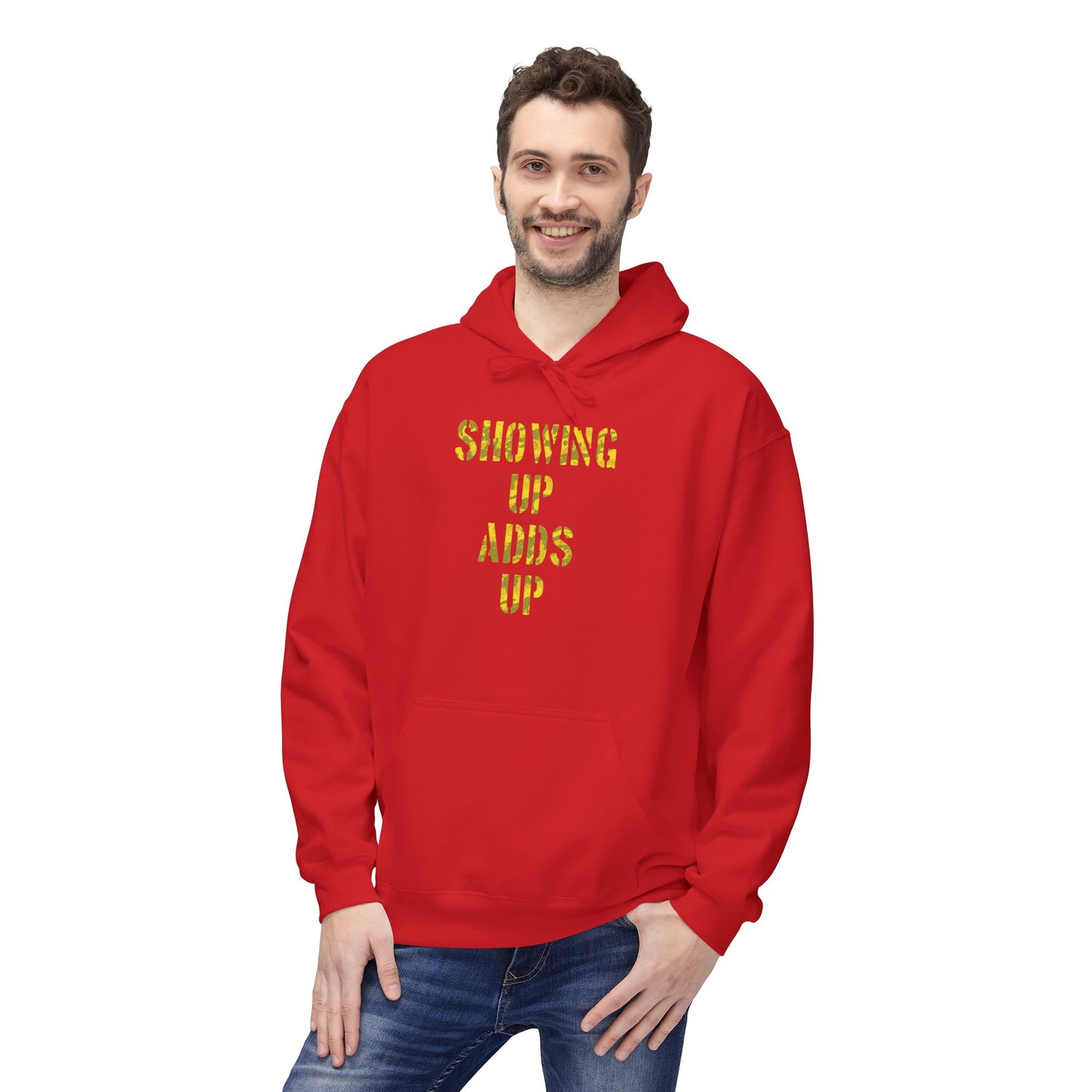 SHOWING UP ADDS UP Adult Hoodie (Yellow Camo Logo)