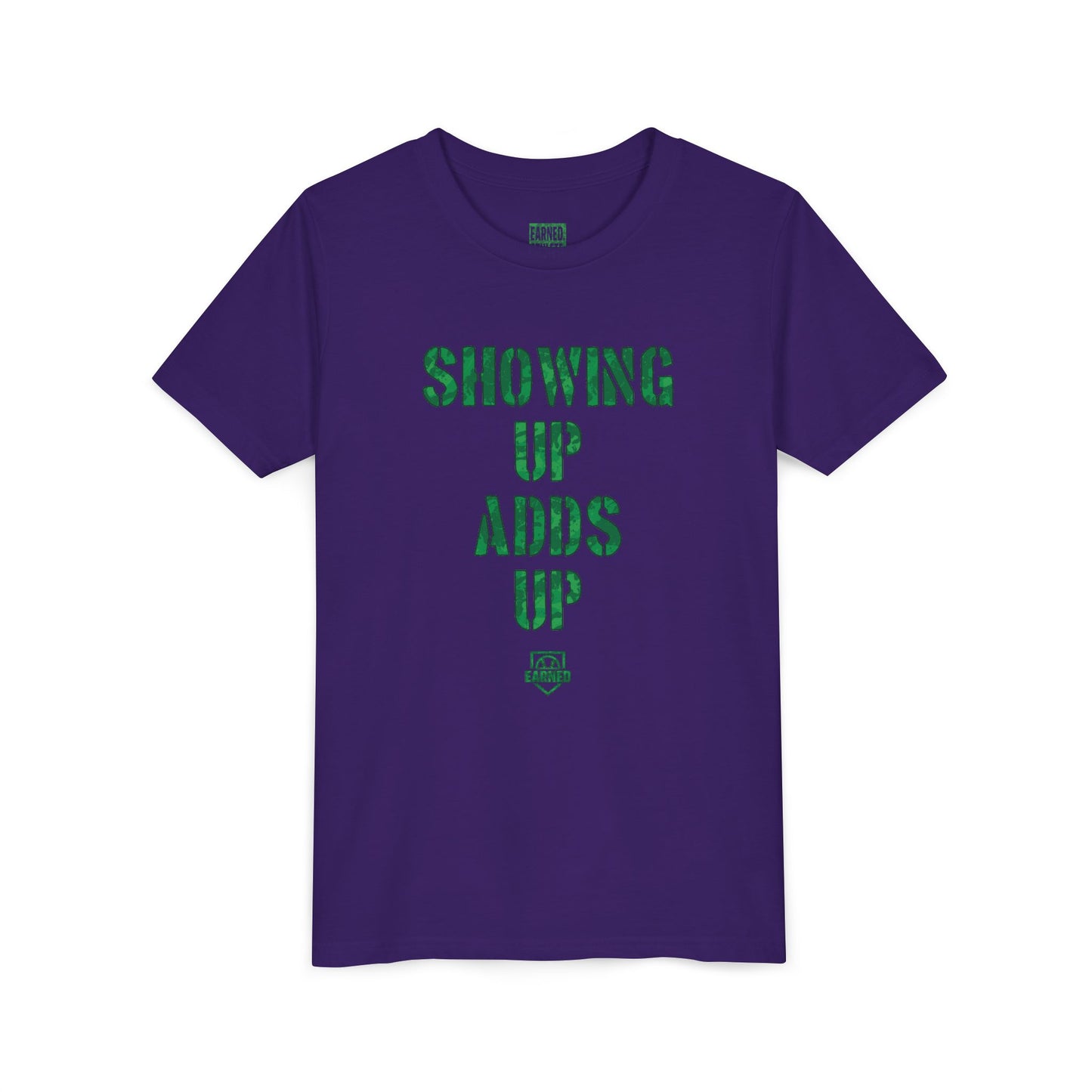 SHOWING UP ADDS UP Youth Tee (Green Camo Font)