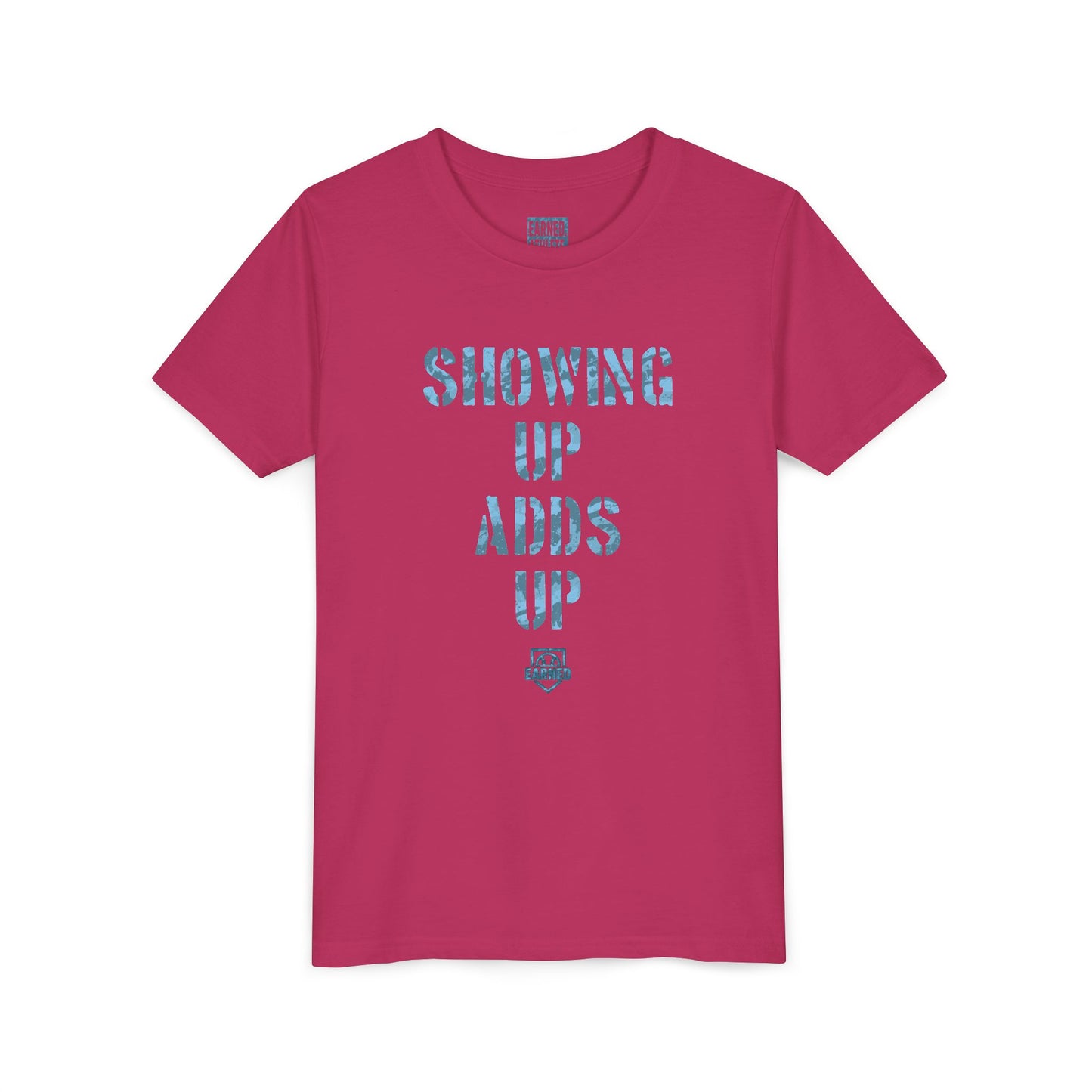 SHOWING UP ADDS UP Youth Tee (Blue Camo Font)