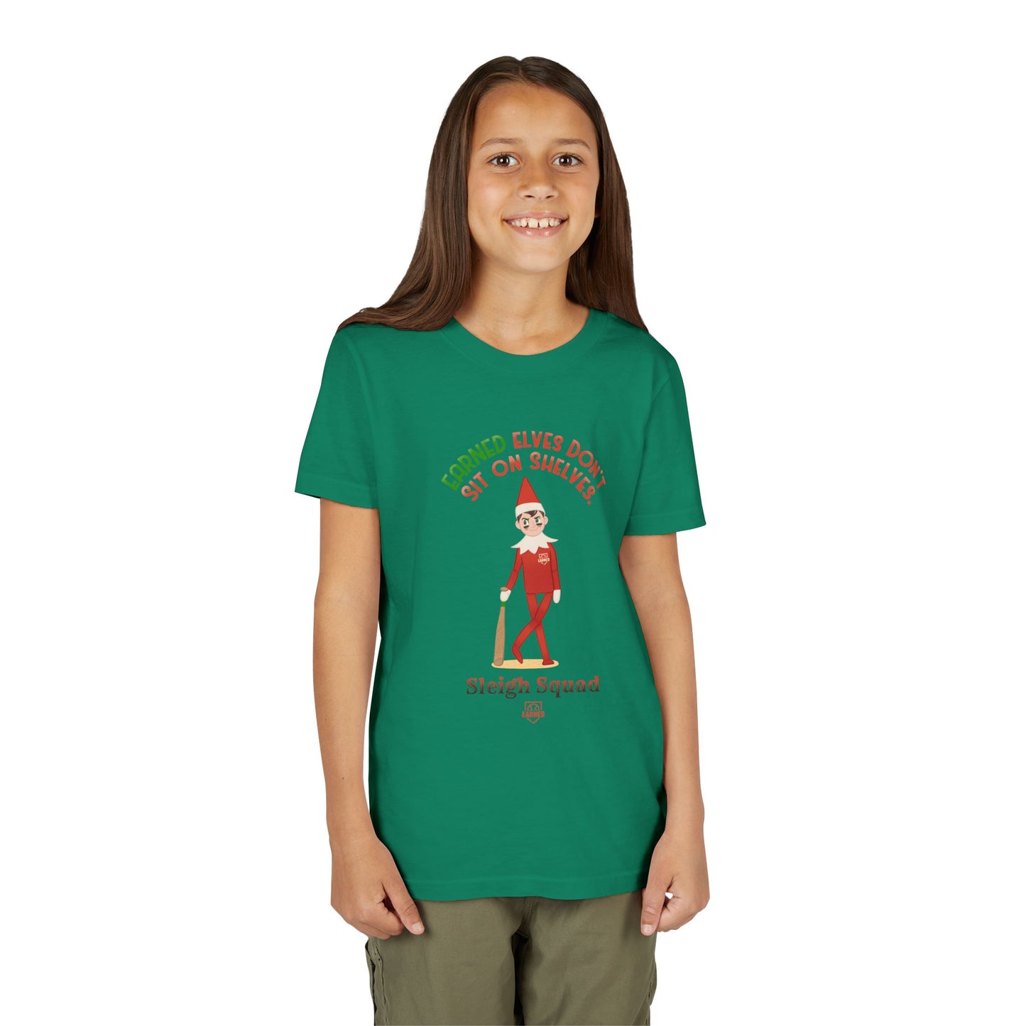 EARNED ELVES DON'T SIT ON SHELVES Youth Tee - SLEIGH SQUAD Collection