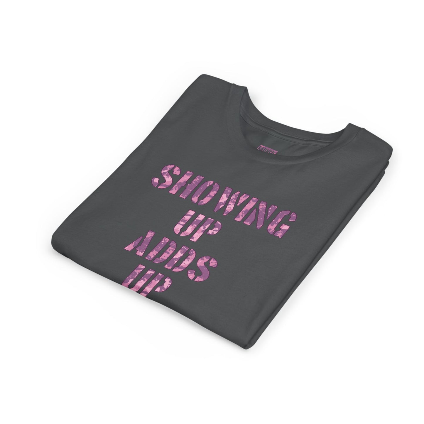 SHOWING UP ADDS UP Youth Tee (Pink Camo Font)
