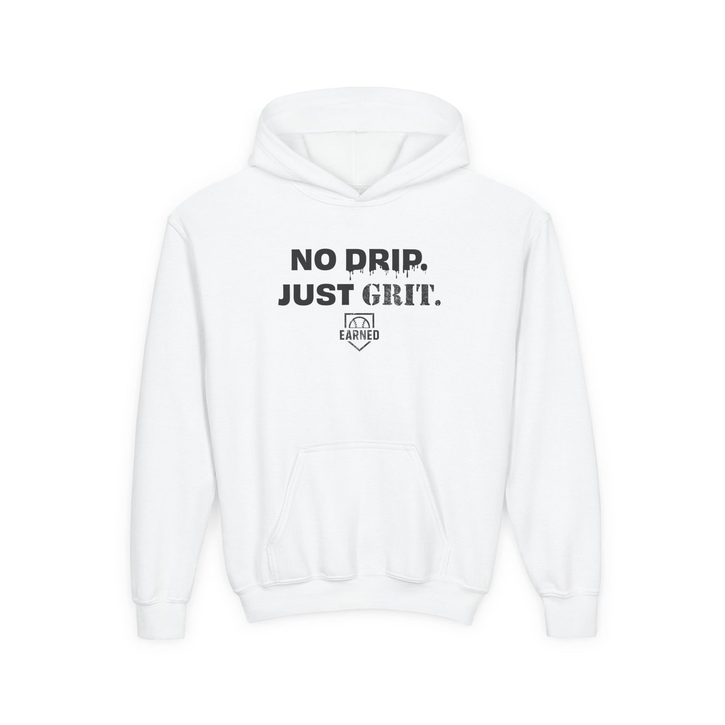 NO DRIP. JUST GRIT. Youth Hoodie (Black Logo)