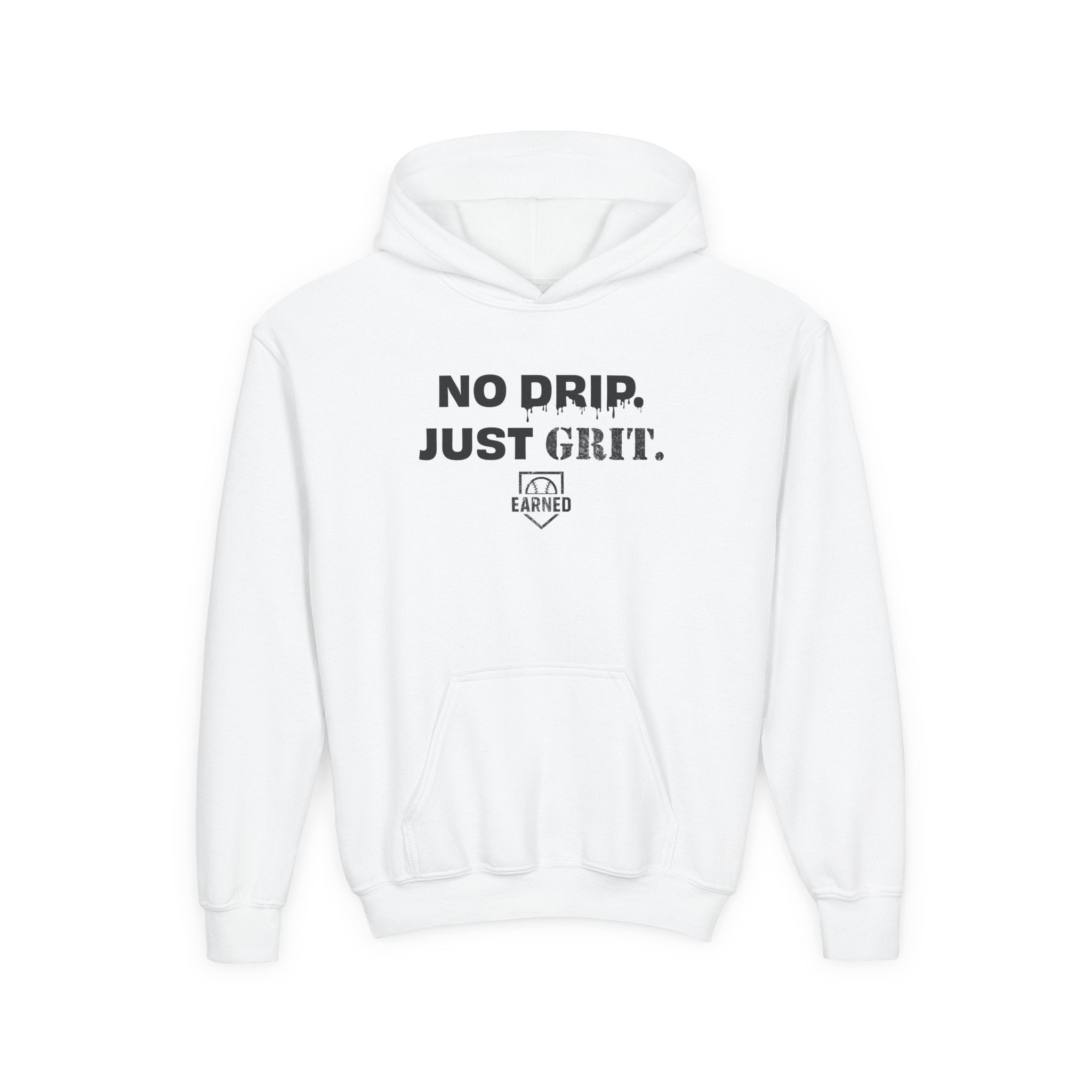 NO DRIP. JUST GRIT. Youth Hoodie (Black Logo)