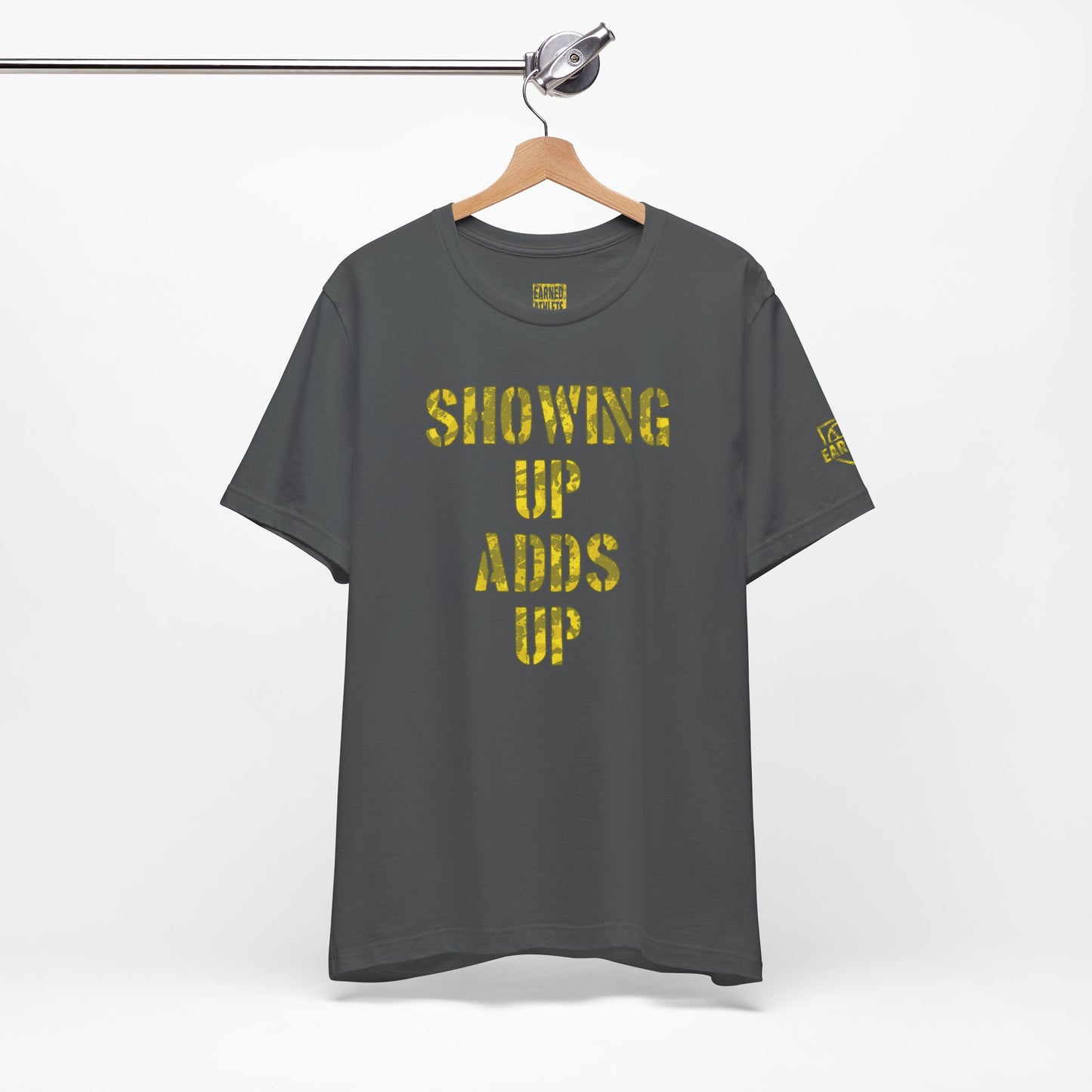 SHOWING UP ADDS UP Tee (Yellow Camo Font)