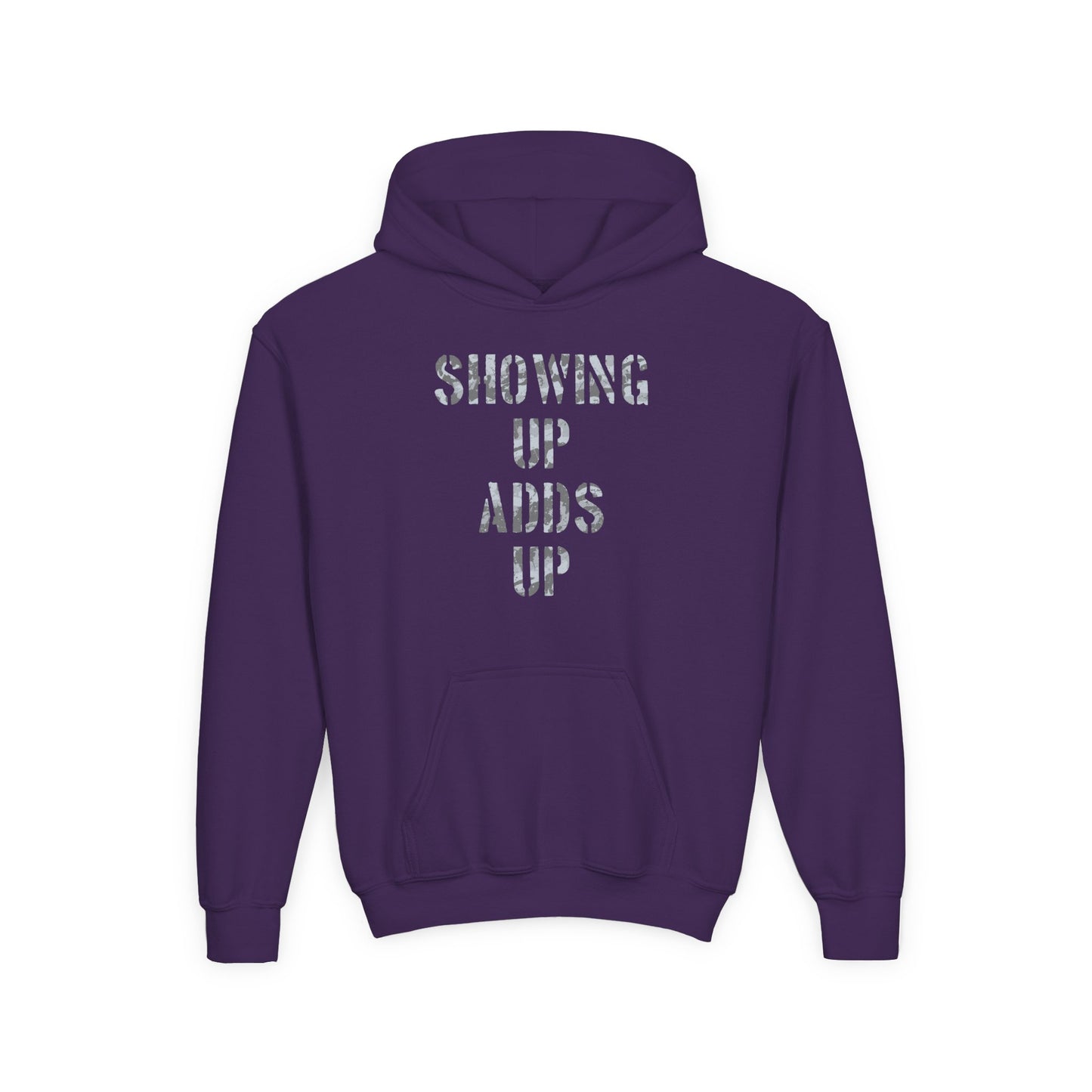 SHOWING UP ADDS UP Youth Hoodie (Grey Camo Logo)
