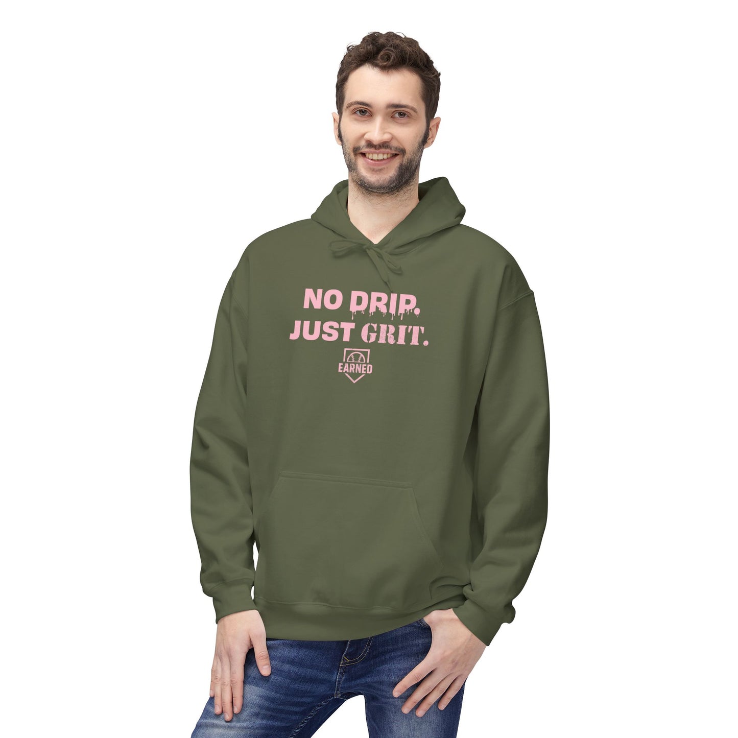 NO DRIP. JUST GRIT. Hoodie (Pink Font)