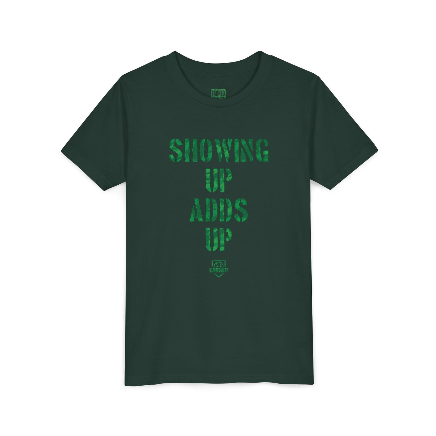 SHOWING UP ADDS UP Youth Tee (Green Camo Font)
