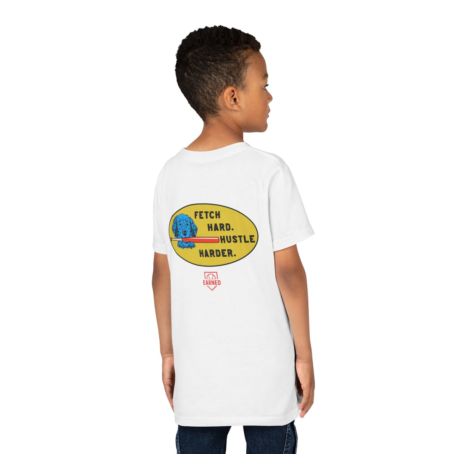 FETCH HARD. HUSTLE HARDER. Youth Tee (Red Bat) - BARK PARK Collection