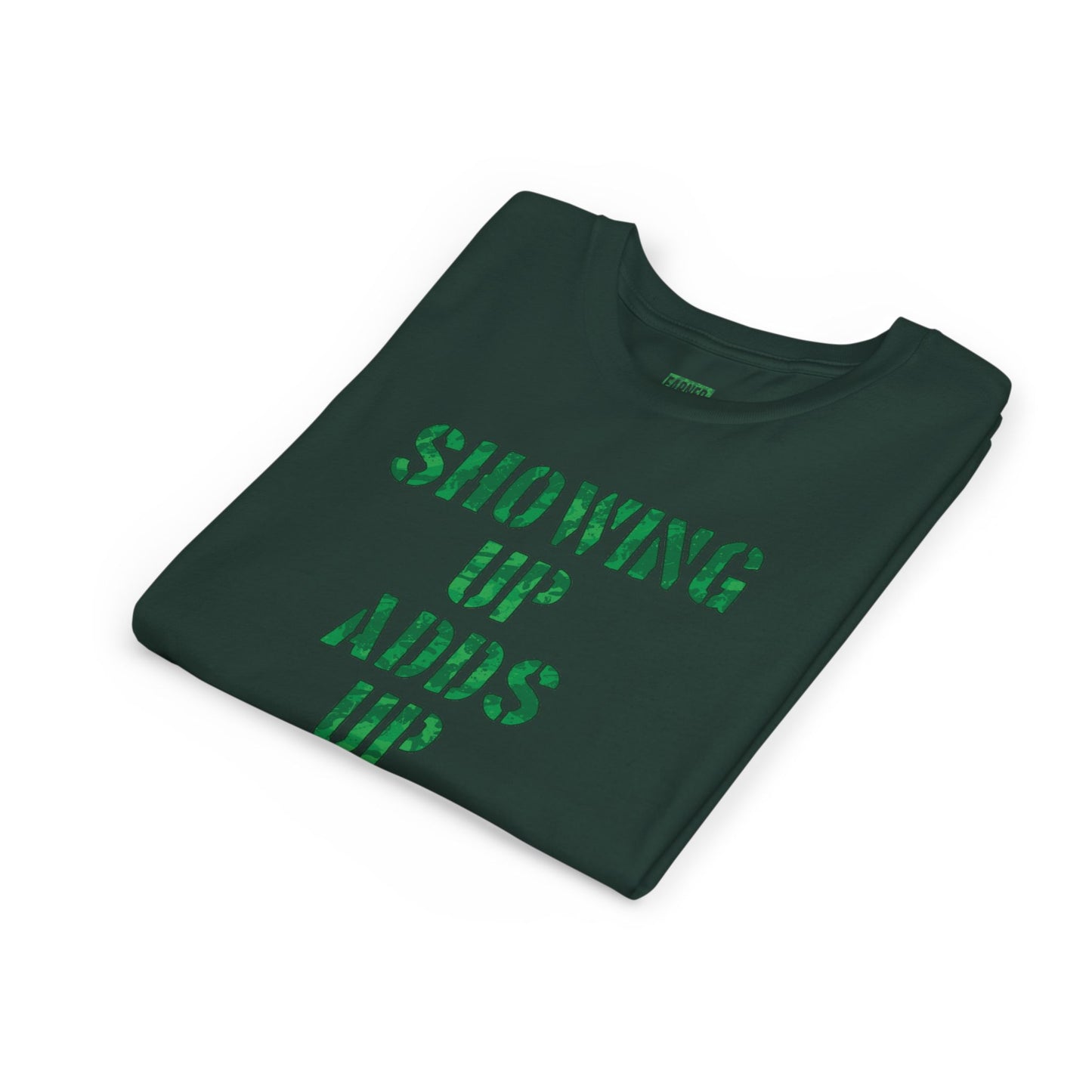 SHOWING UP ADDS UP Youth Tee (Green Camo Font)
