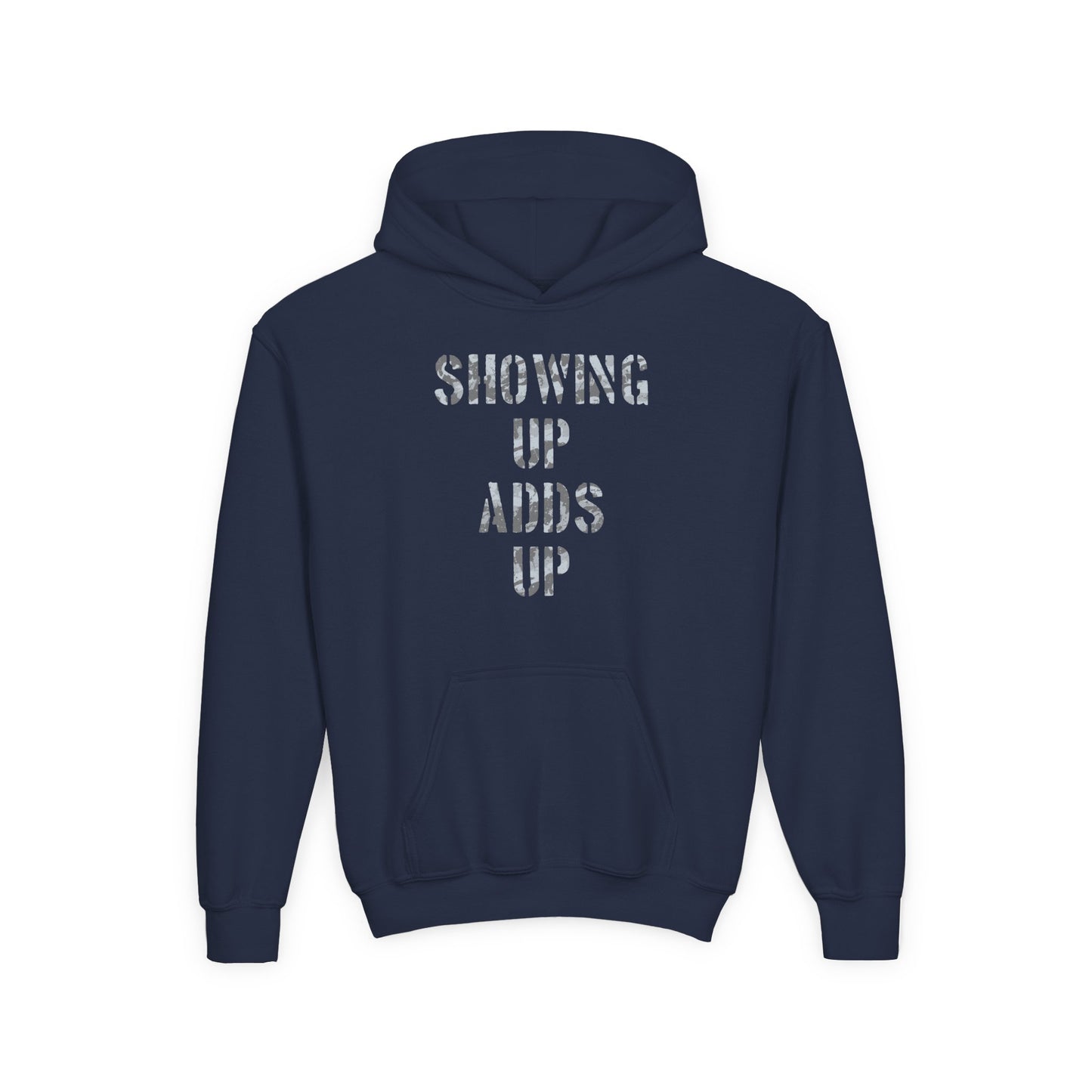 SHOWING UP ADDS UP Youth Hoodie (Grey Camo Logo)