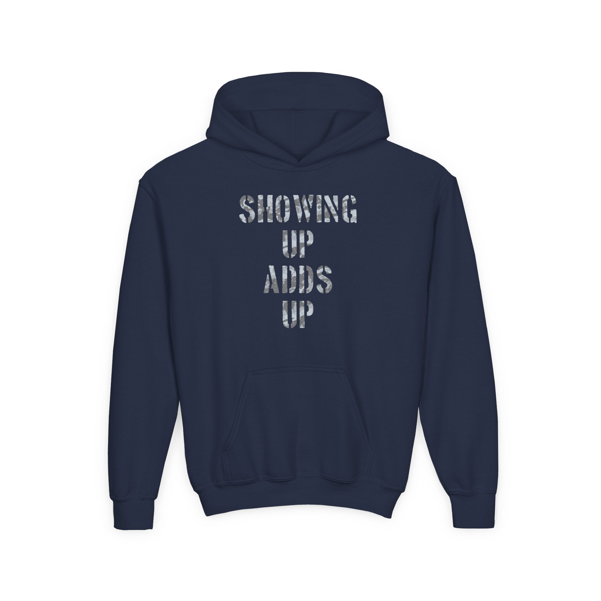 SHOWING UP ADDS UP Youth Hoodie (Grey Camo Logo)