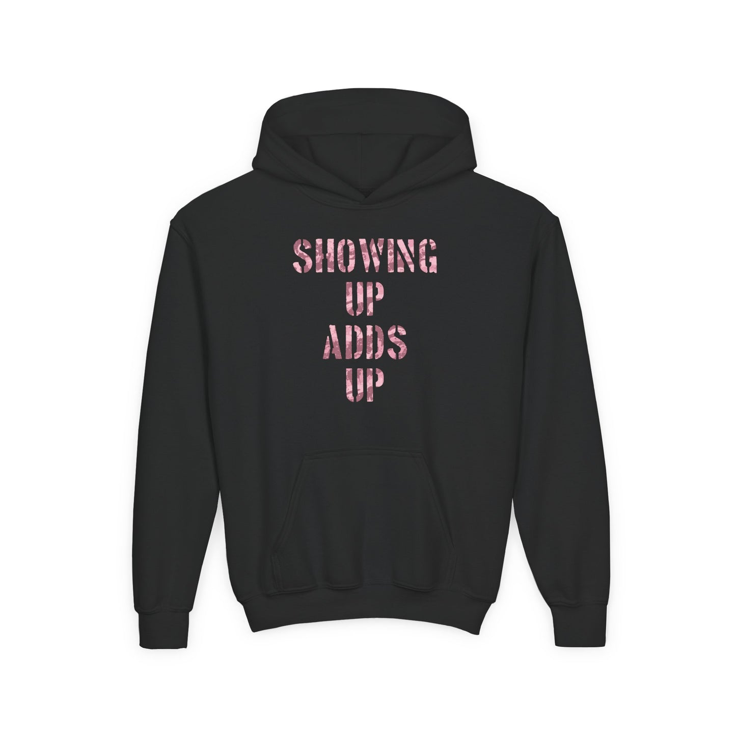 SHOWING UP ADDS UP Youth Hoodie (Pink Camo Logo)