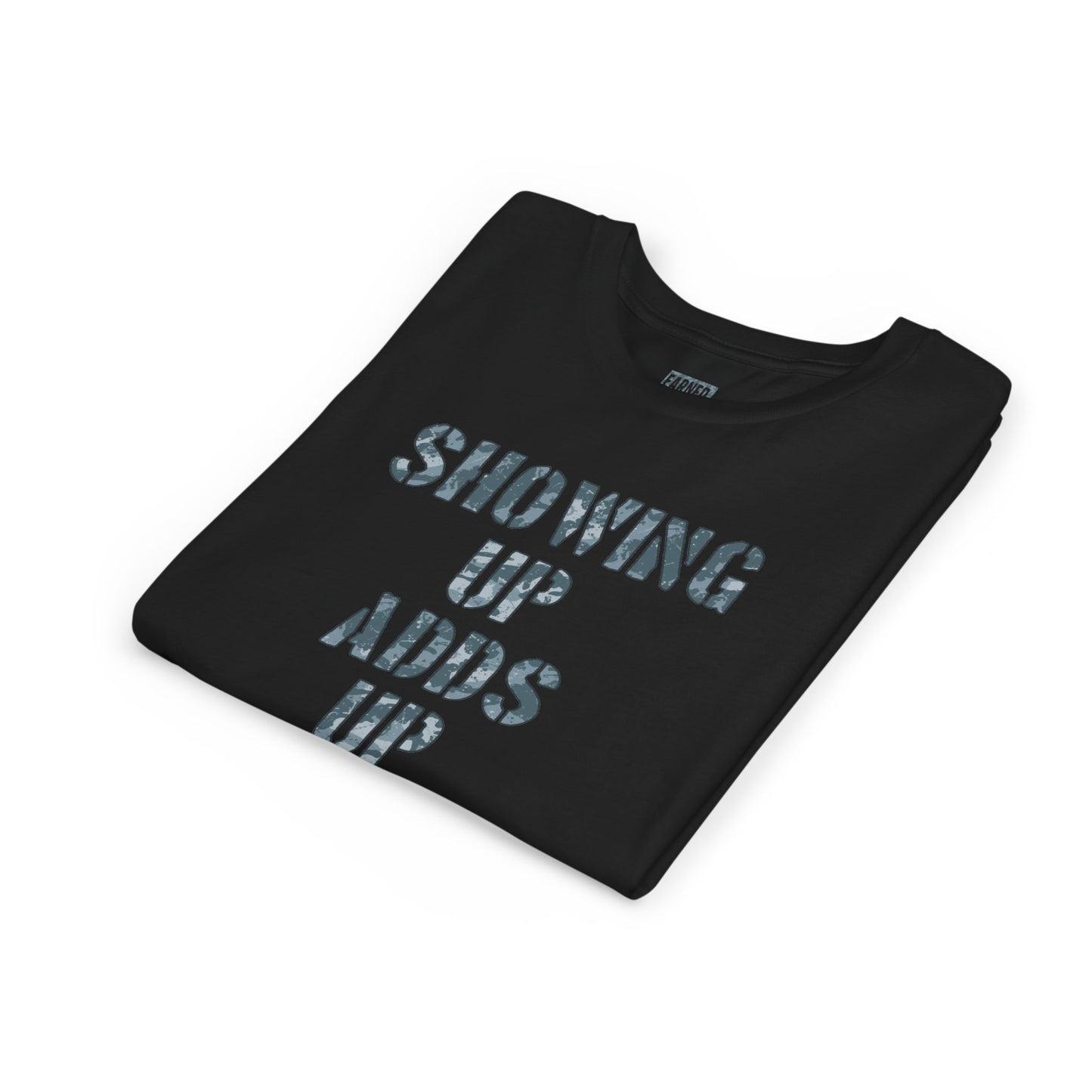 SHOWING UP ADDS UP Youth Tee (Grey Camo Font)