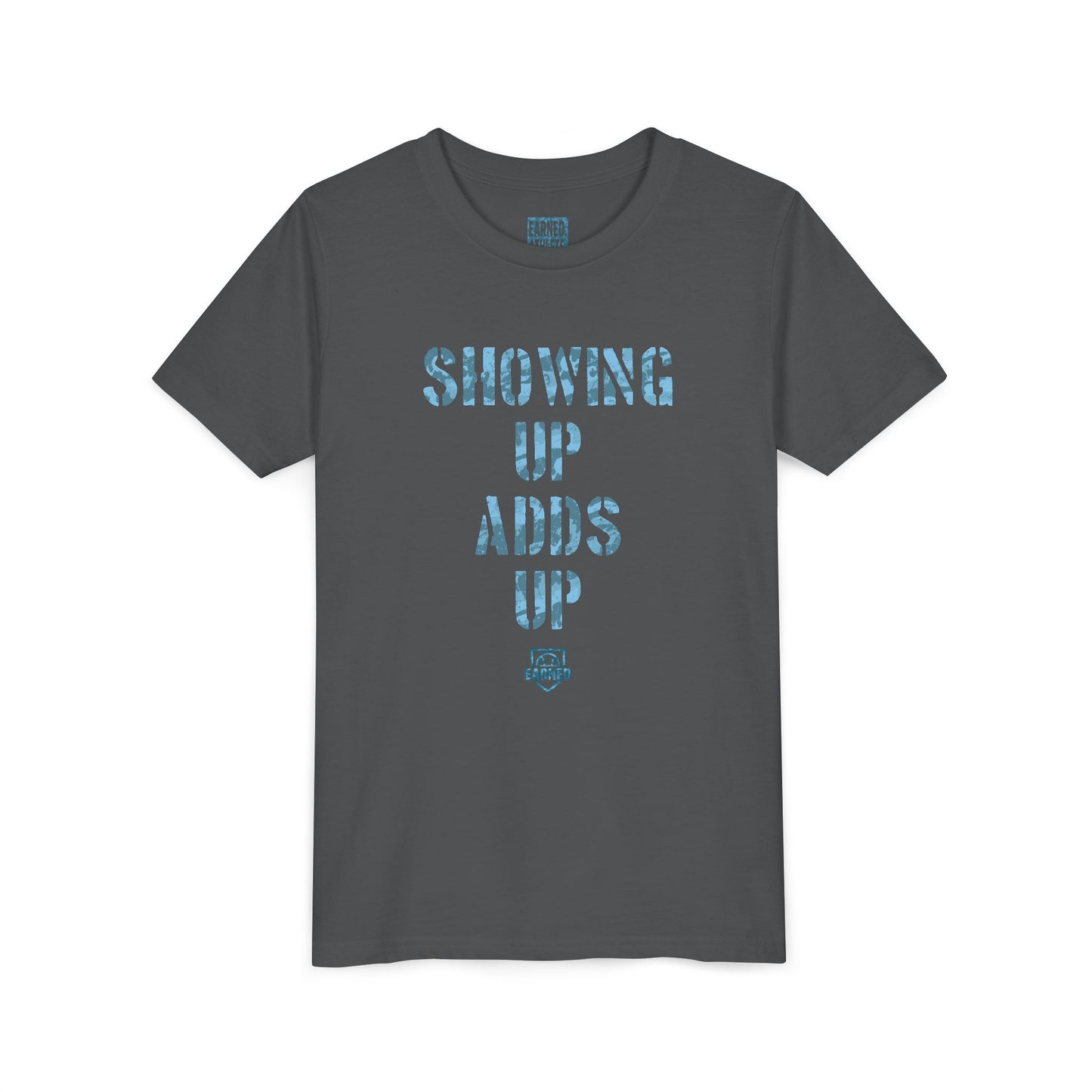 SHOWING UP ADDS UP Youth Tee (Blue Camo Font)