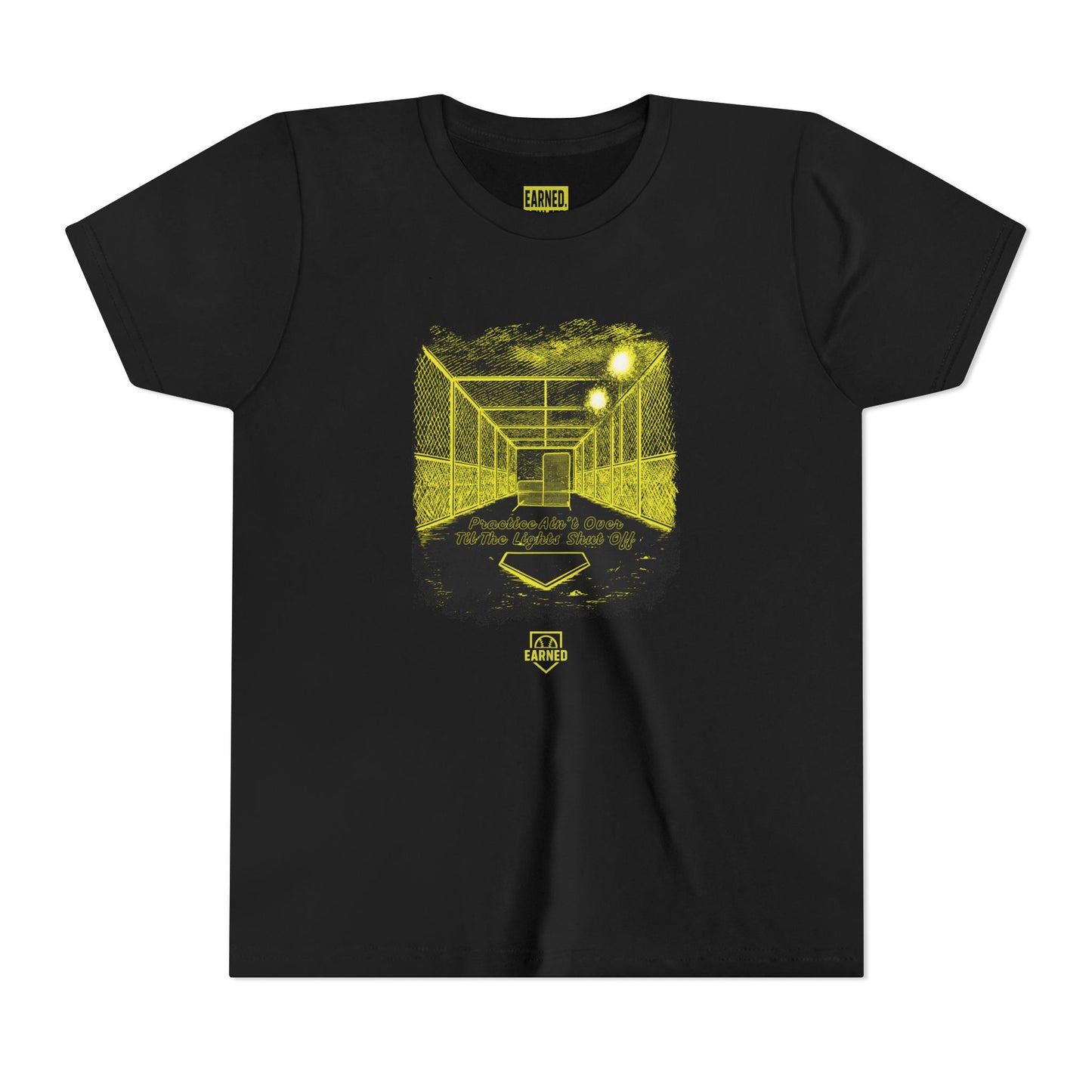 PRACTICE AIN'T OVER TILL THE LIGHTS SHUT OFF Youth Tee (Yellow Font)