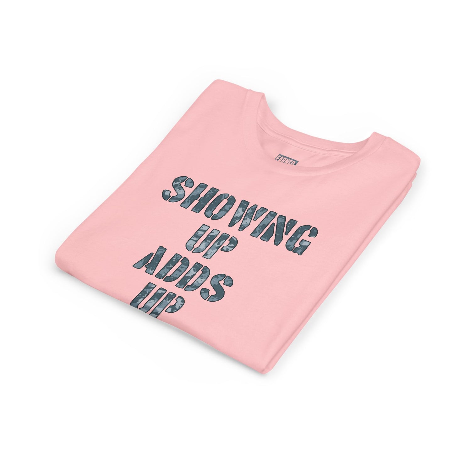 SHOWING UP ADDS UP Youth Tee (Grey Camo Font)
