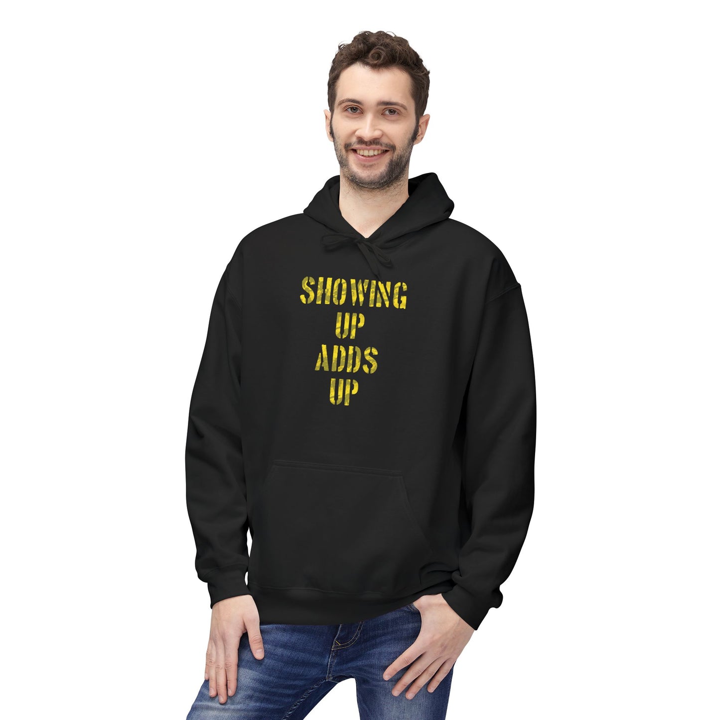 SHOWING UP ADDS UP Adult Hoodie (Yellow Camo Logo)