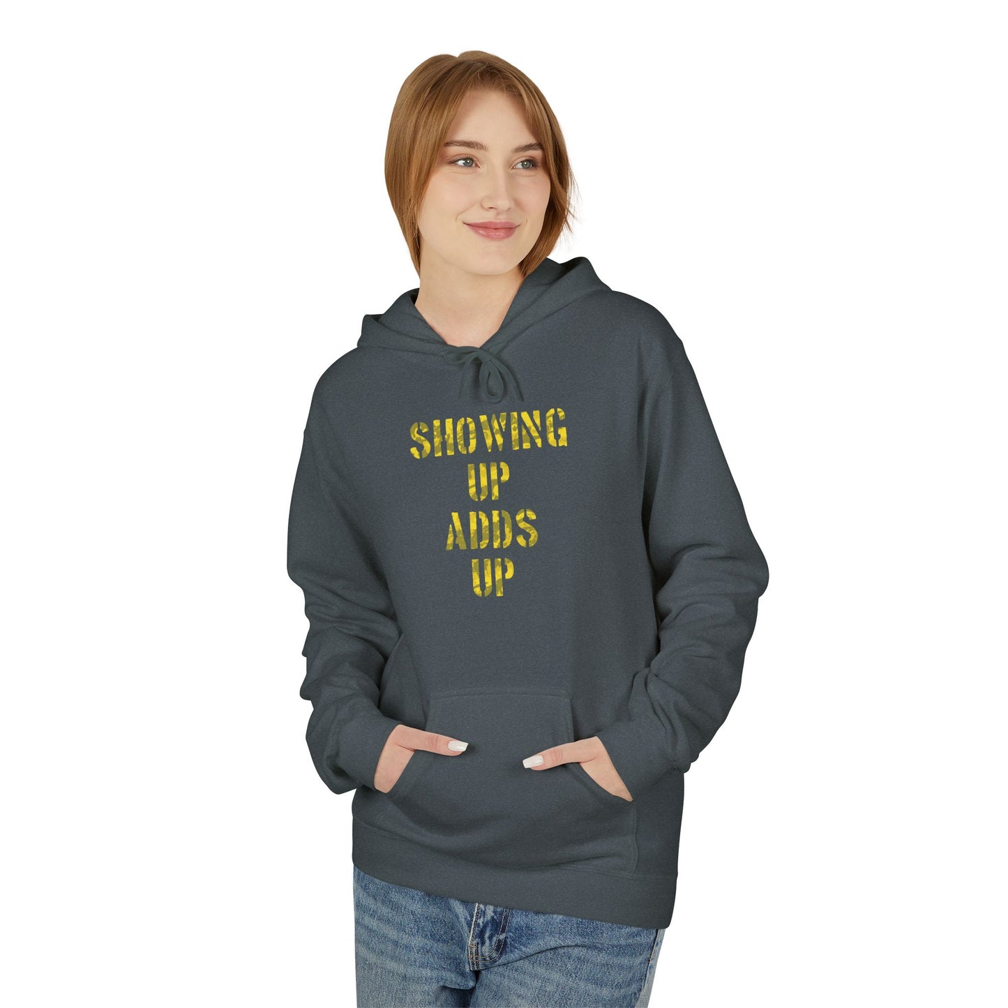 SHOWING UP ADDS UP Adult Hoodie (Yellow Camo Logo)