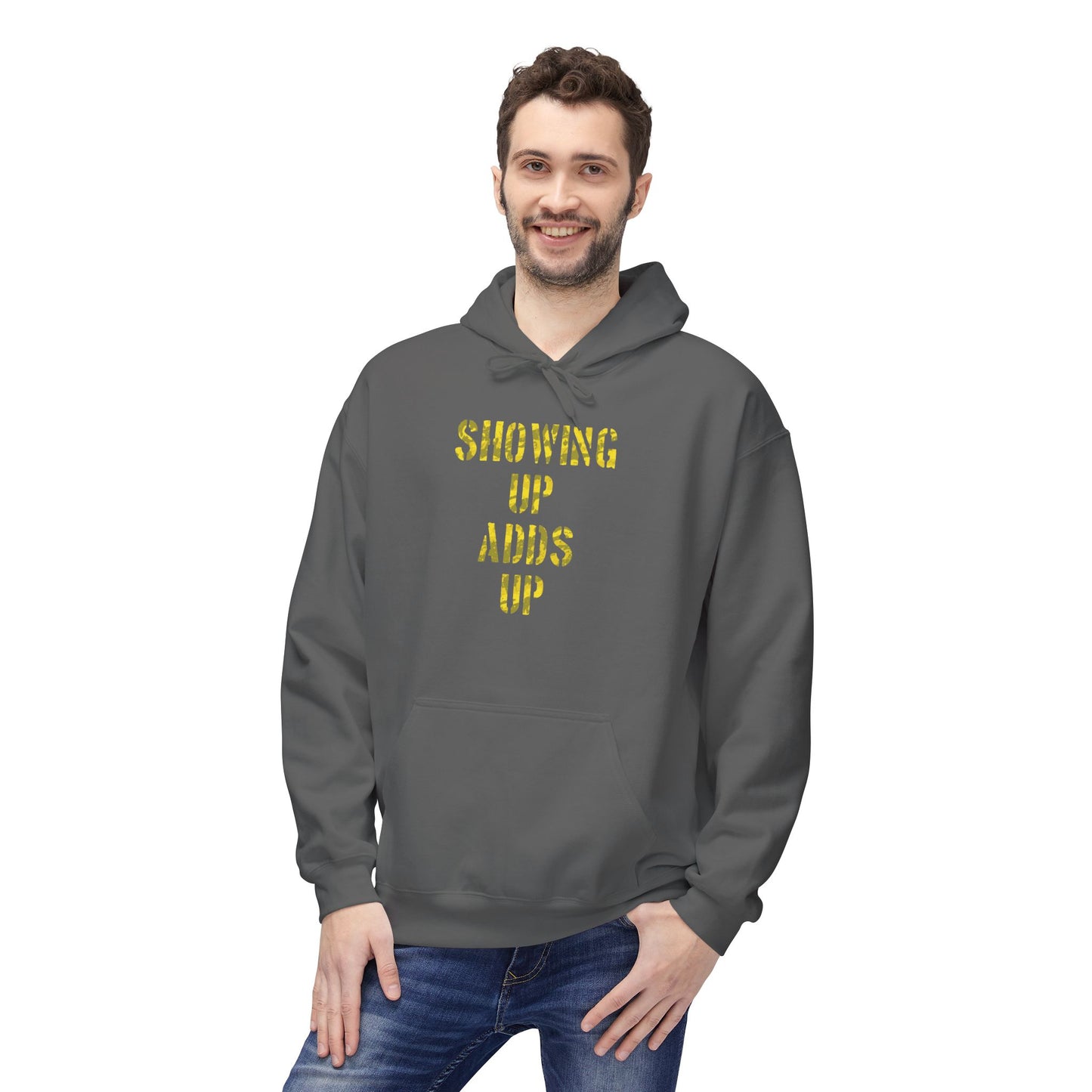 SHOWING UP ADDS UP Adult Hoodie (Yellow Camo Logo)