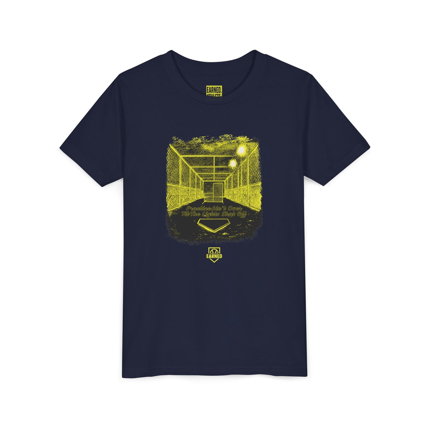 PRACTICE AIN'T OVER TILL THE LIGHTS SHUT OFF Youth Tee (Yellow Font)