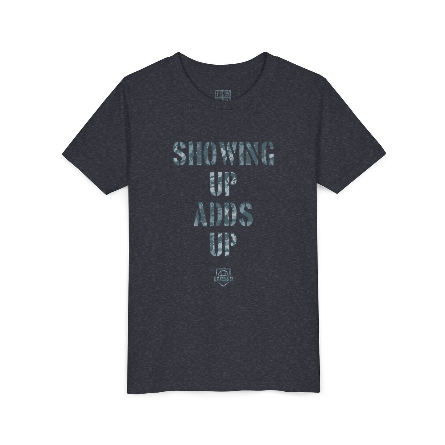 SHOWING UP ADDS UP Youth Tee (Grey Camo Font)