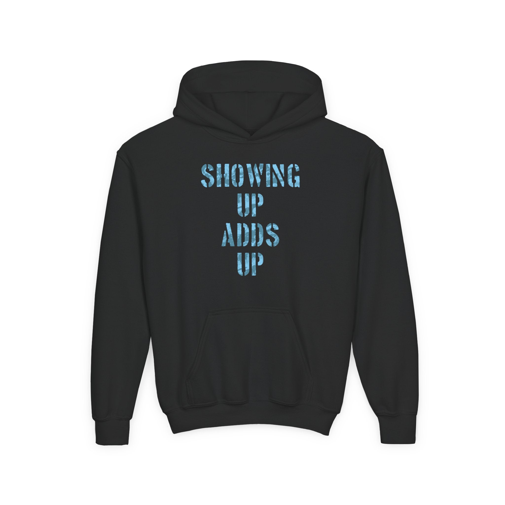 SHOWING UP ADDS UP Youth Hoodie (Blue Camo Logo)